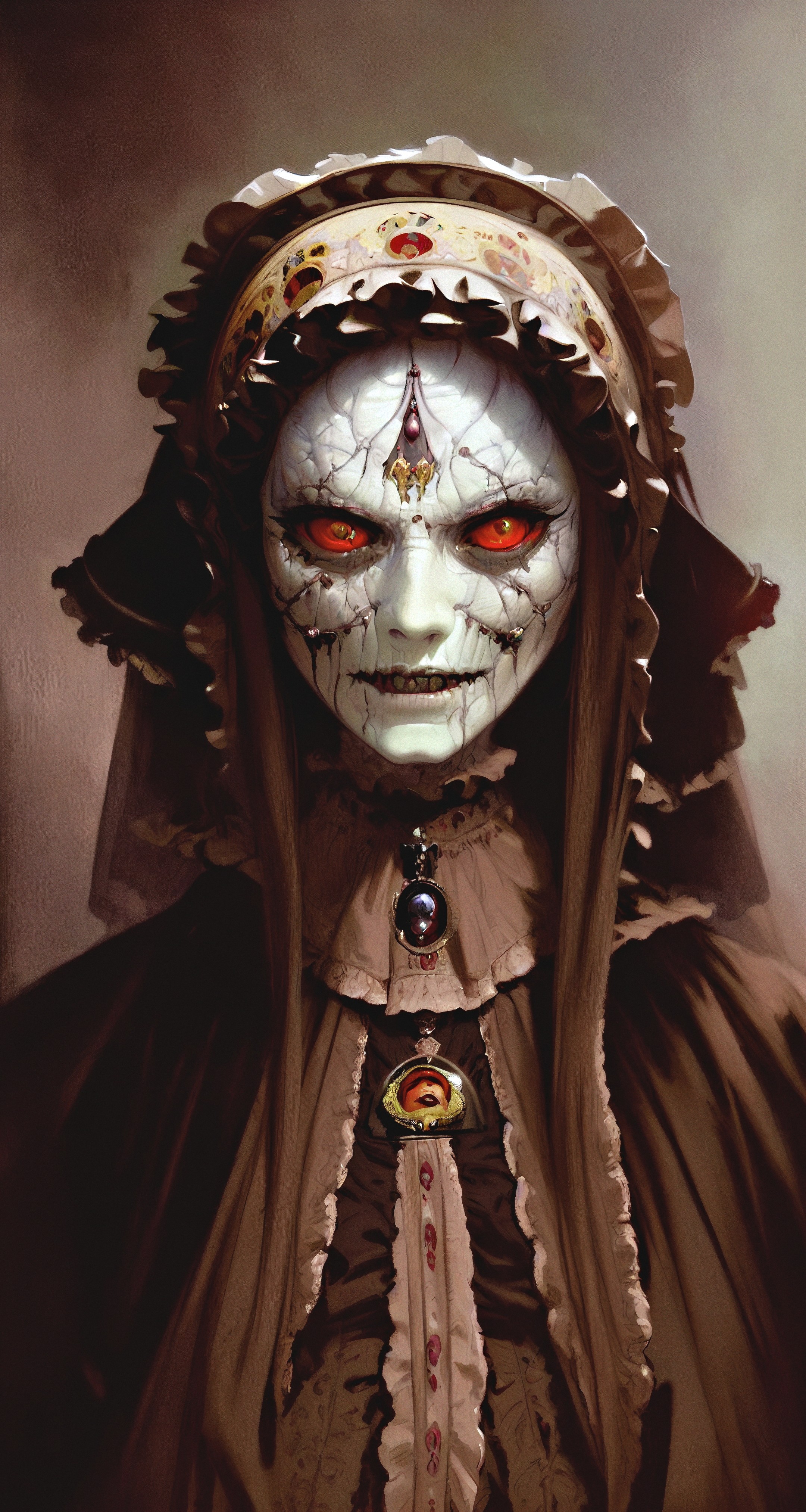 General 2160x4050 AI art women looking at viewer demon girls red eyes pale victorian clothes brown clothing portrait display Stable Diffusion