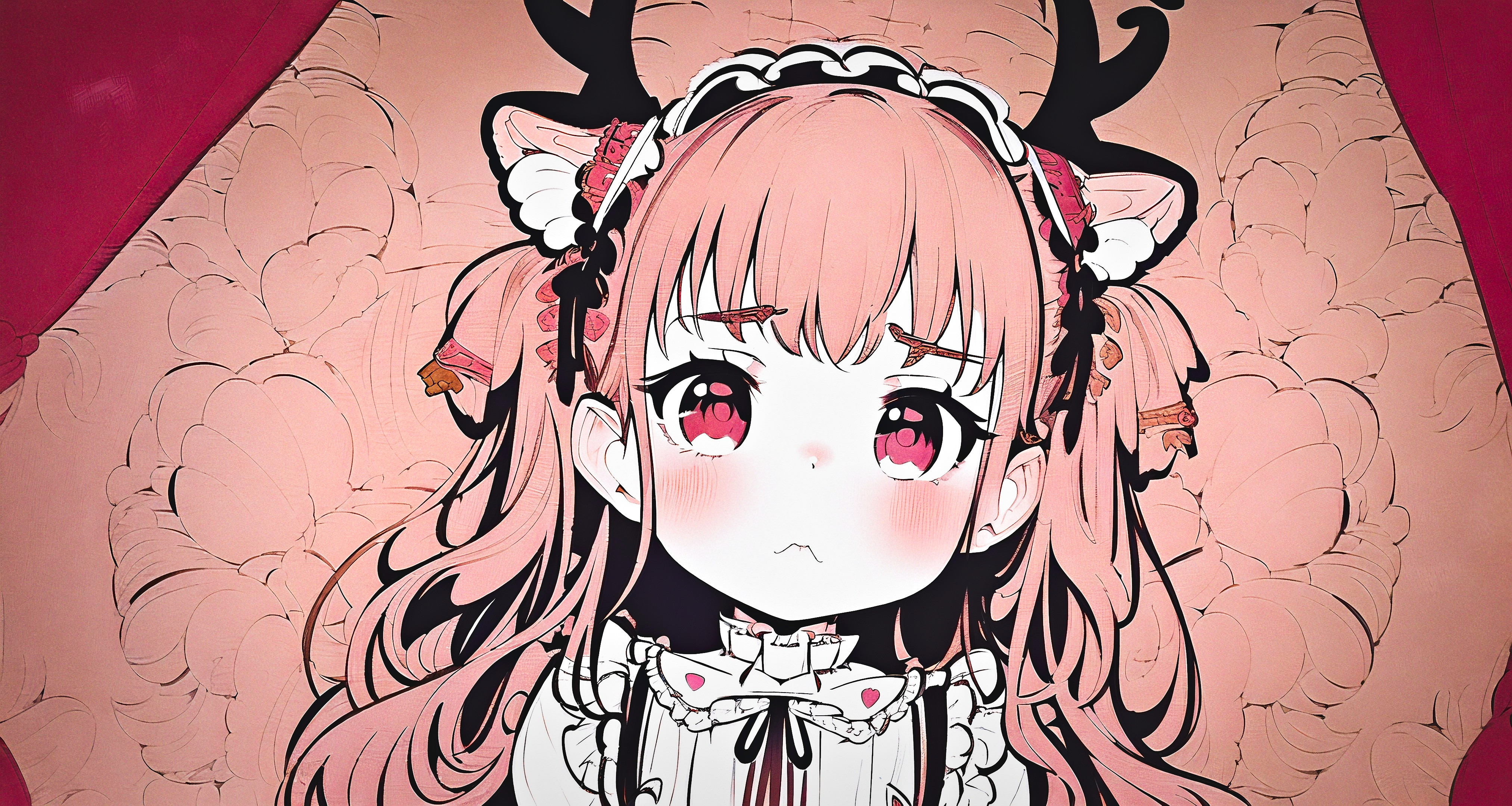 Anime 4050x2160 women AI art anime girls frills looking at viewer antlers face loli Stable Diffusion