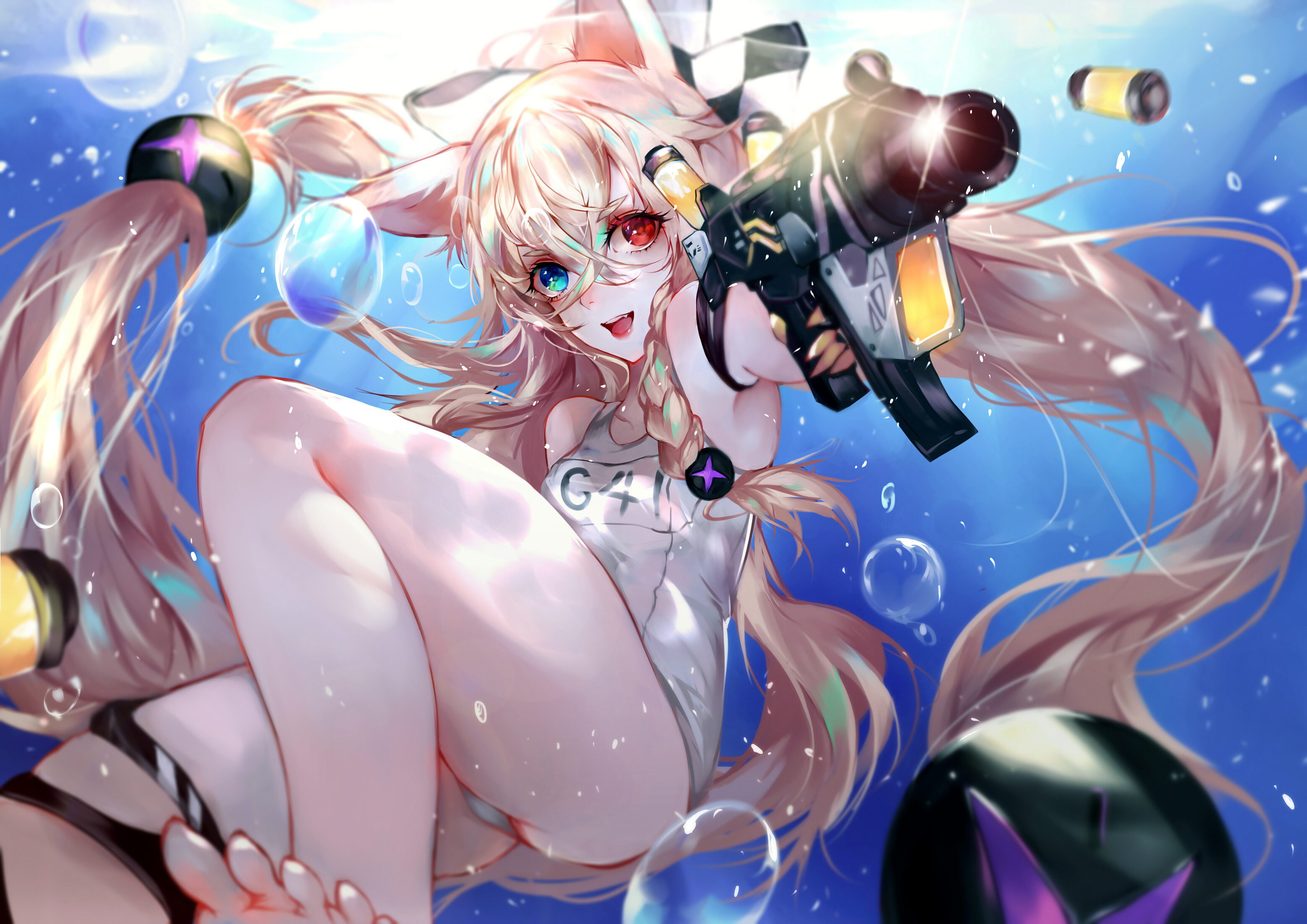 Anime 3111x2200 anime anime girls underwater swimwear one-piece swimsuit heterochromia gun girls with guns twintails bubbles fox girl fox ears Girls Frontline G41 (Girls Frontline)