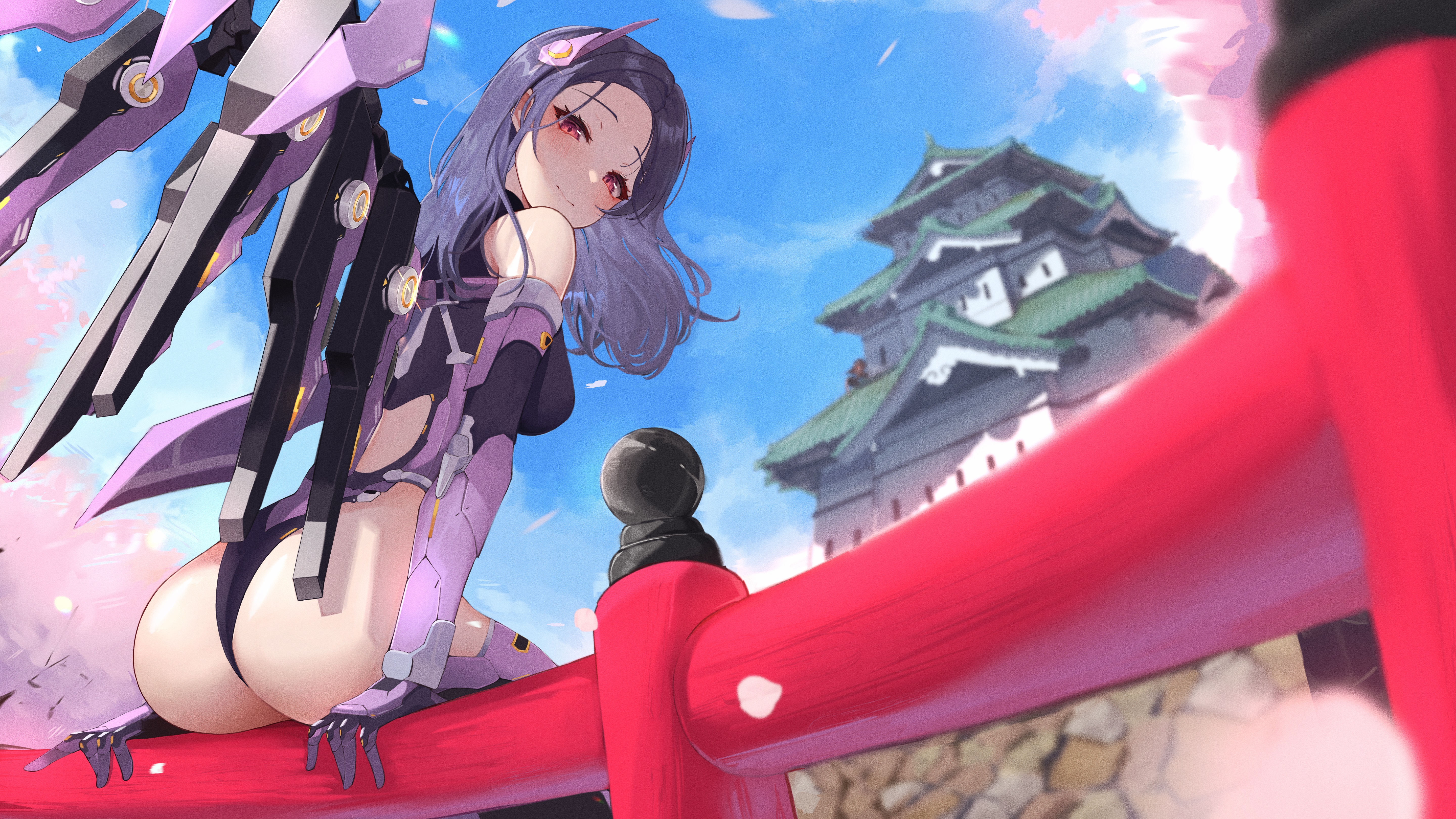 Anime 5760x3240 anime anime girls ass small ass red eyes petals sky Pixiv Isabel (Nikke) Nikke: The Goddess of Victory