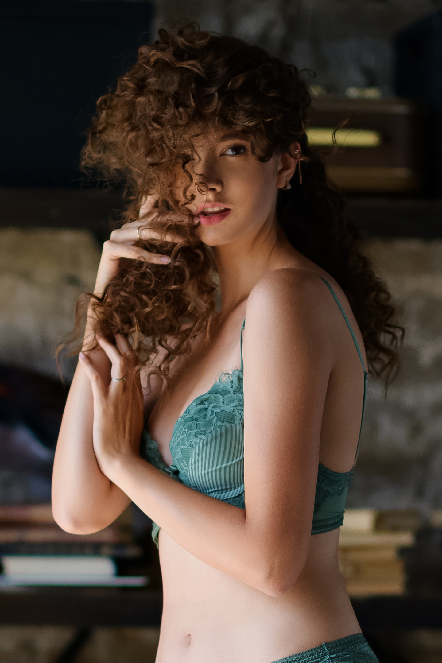 People 1440x2160 Andrey Sokolov women Disha Shemetova brunette curly hair hair in face lingerie bra indoors portrait display