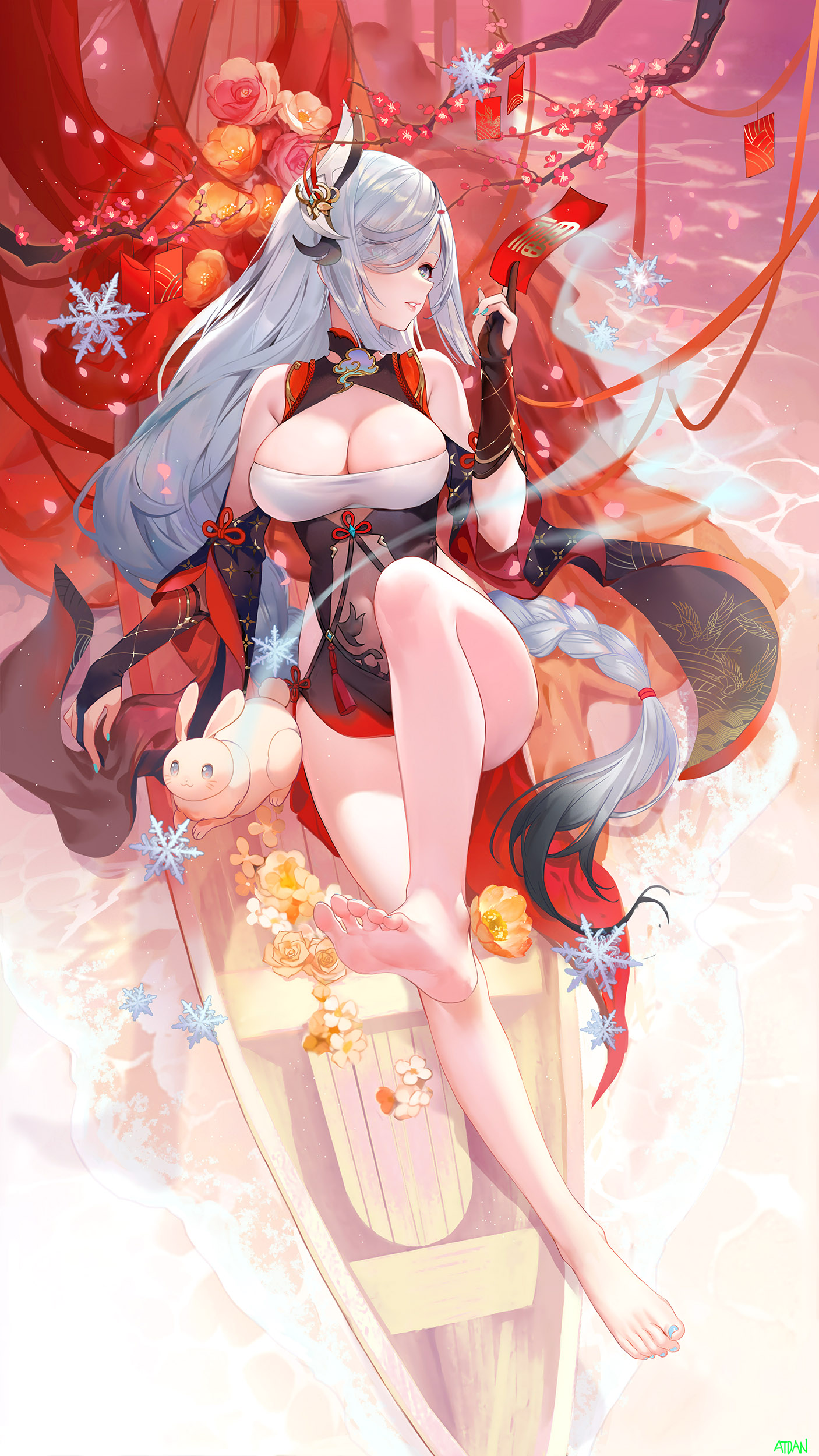 Anime 1406x2500 artwork Shenhe (Genshin Impact) anime anime girls white hair cleavage big boobs barefoot rabbits boat flowers Chinese knot Spring Festival Atdan portrait display long hair feet foot sole snowflakes water