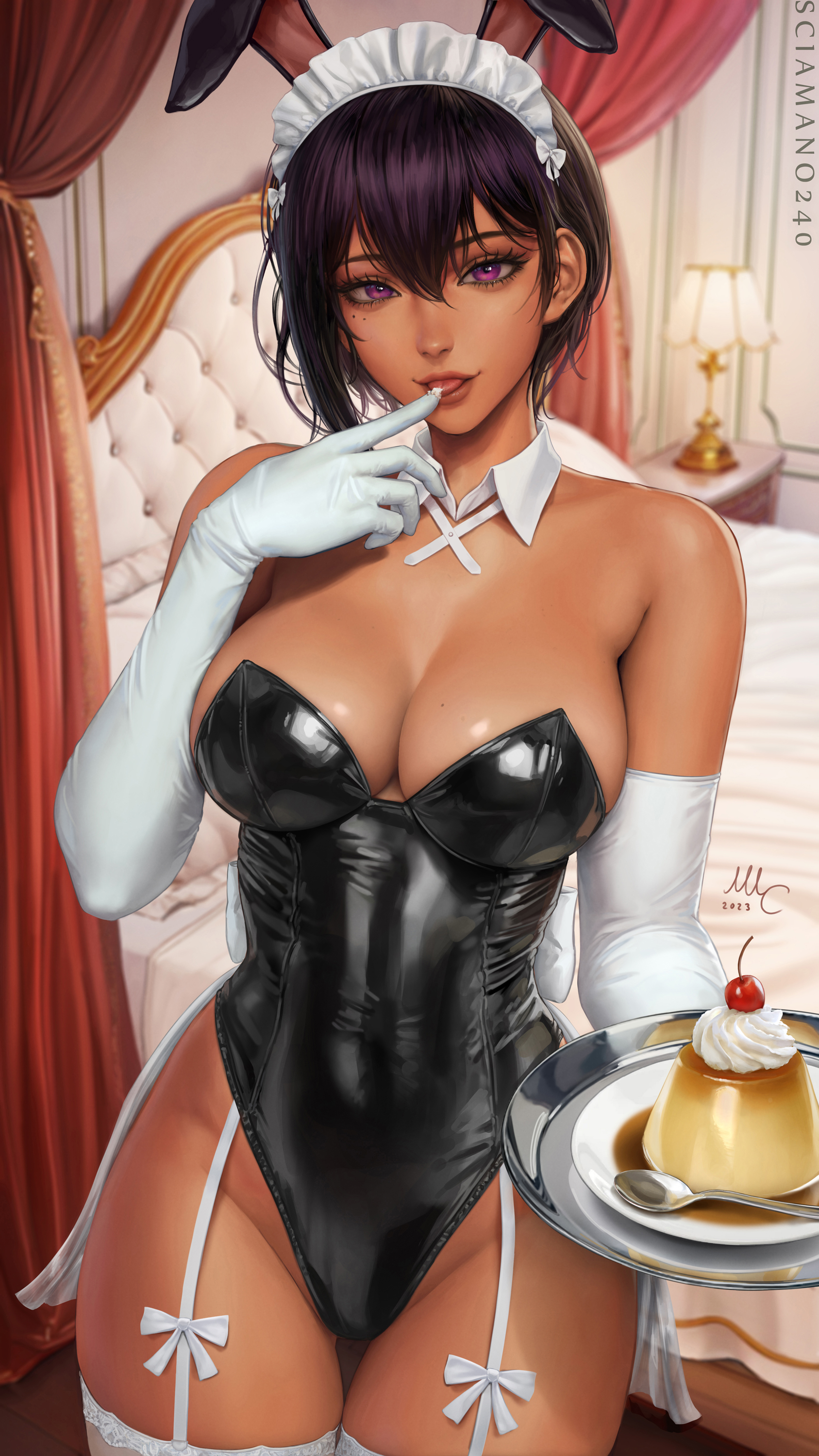 Anime 1687x3000 illustration artwork digital art fan art anime anime girls women drawing Mirco Cabbia short hair looking at viewer bodysuit bunny ears cleavage purple eyes purple hair The Maid I Hired Recently Is Mysterious Lilith (The Maid I Hired Recently Is Mysterious) dark skin food bare shoulders portrait display sweets elbow gloves bunny suit