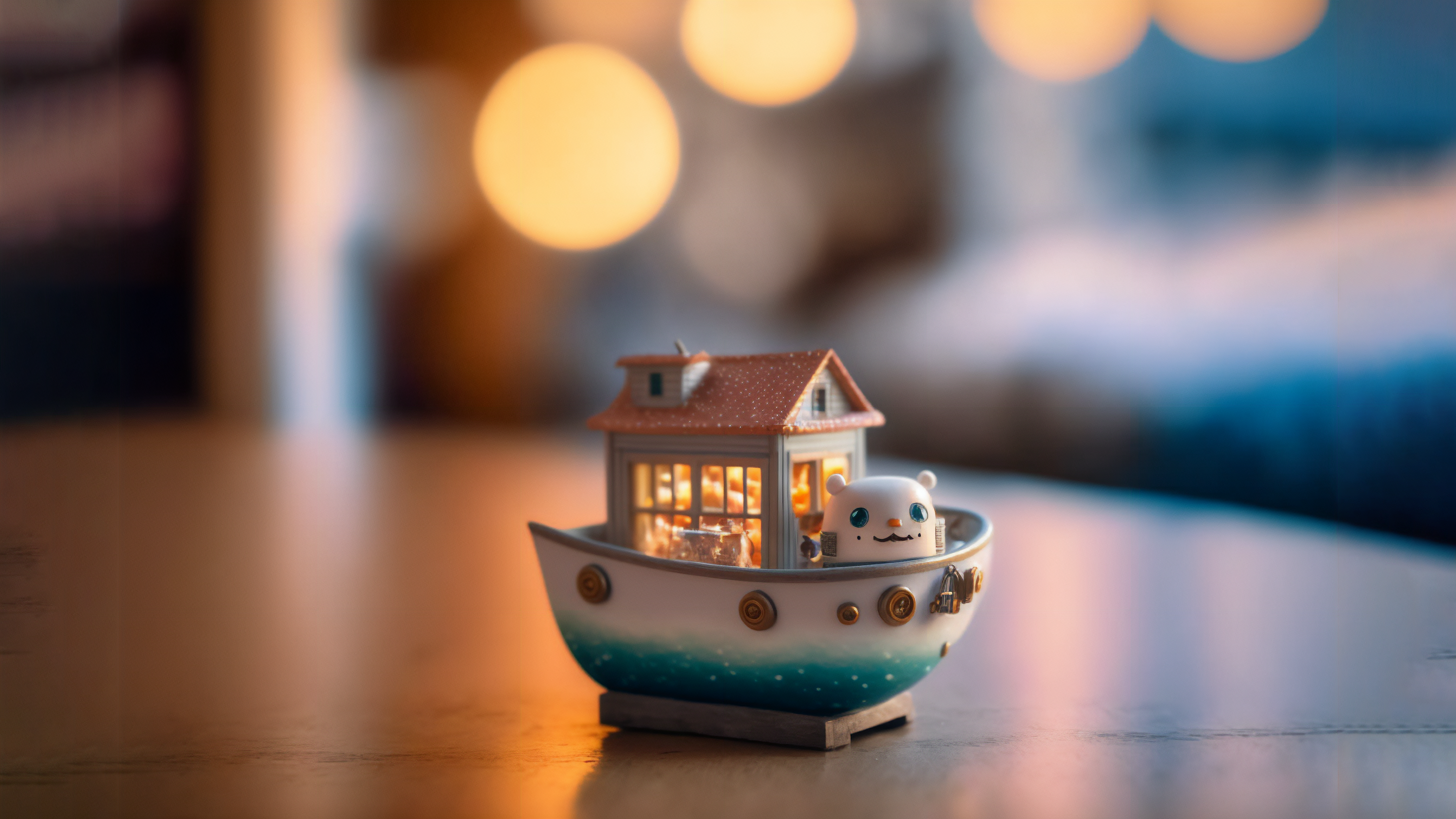 General 3640x2048 Tiny bokeh boat blurred blurry background AI art toys lights