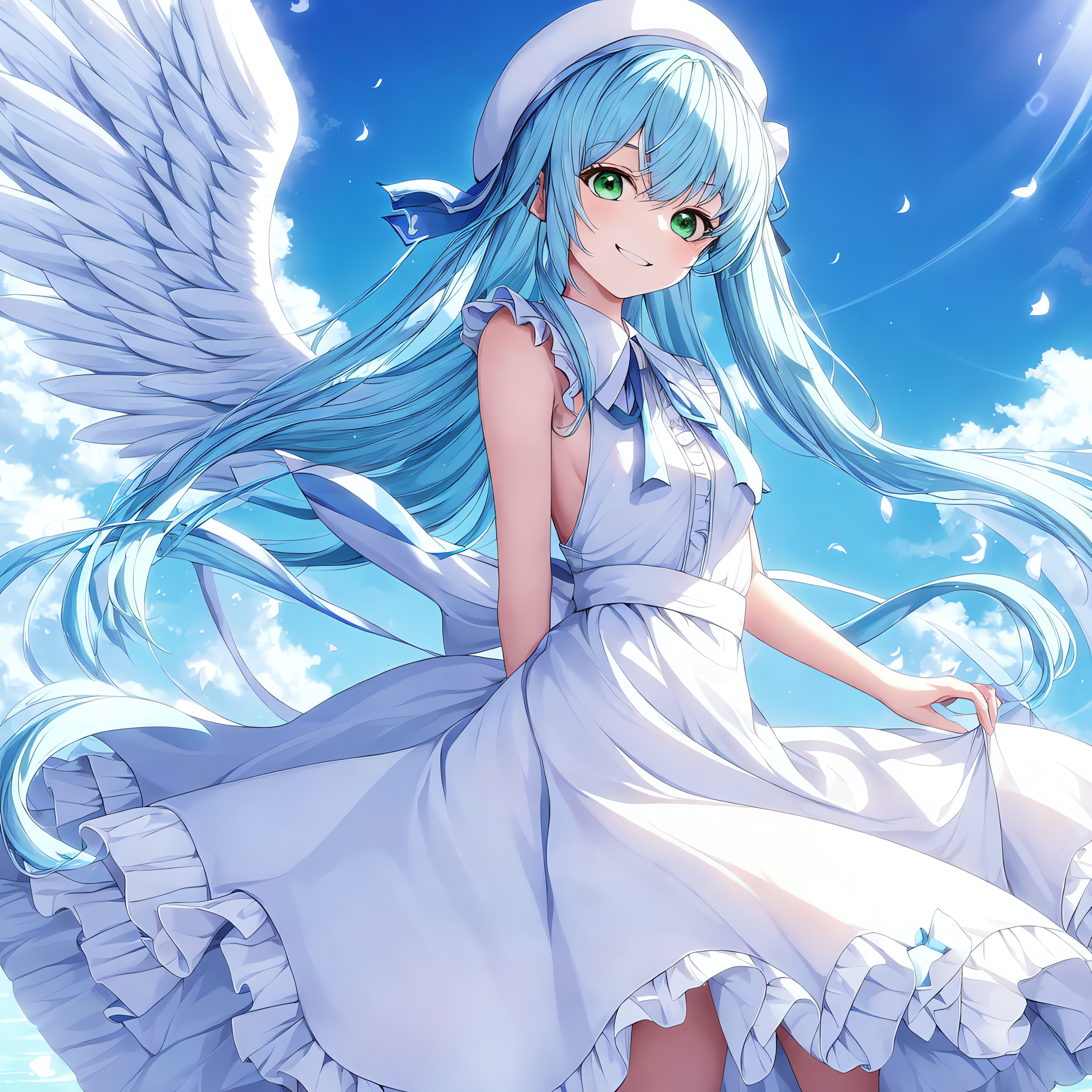 Anime 2304x2304 anime anime girls original characters artwork digital art AI art portrait display wings smiling clouds petals long hair lifting dress dress