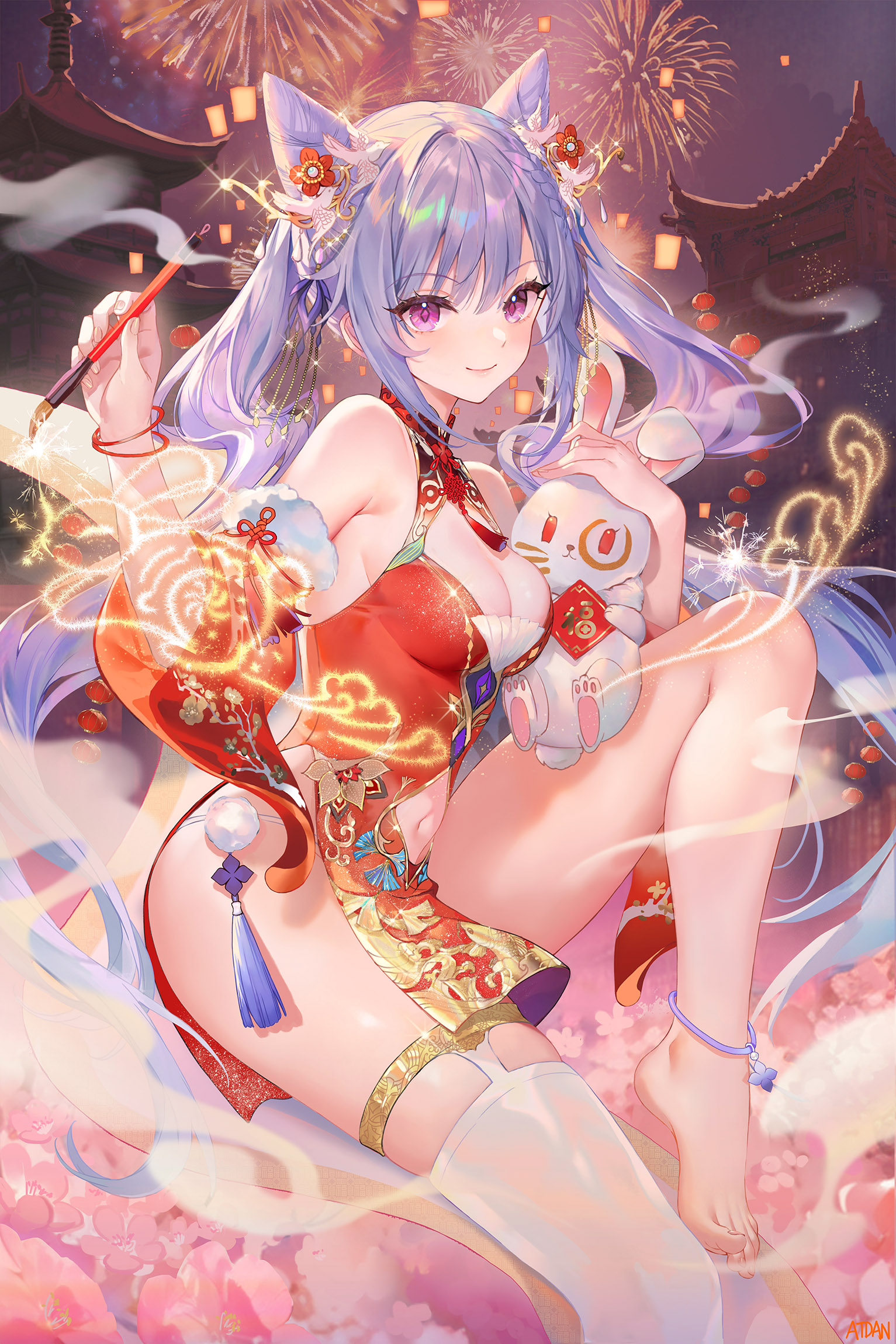 Anime 1533x2300 anime anime girls Keqing (Genshin Impact) Atdan Genshin Impact purple hair purple eyes portrait display smiling cleavage cleavage cutout belly button thighs Chinese clothing anklet