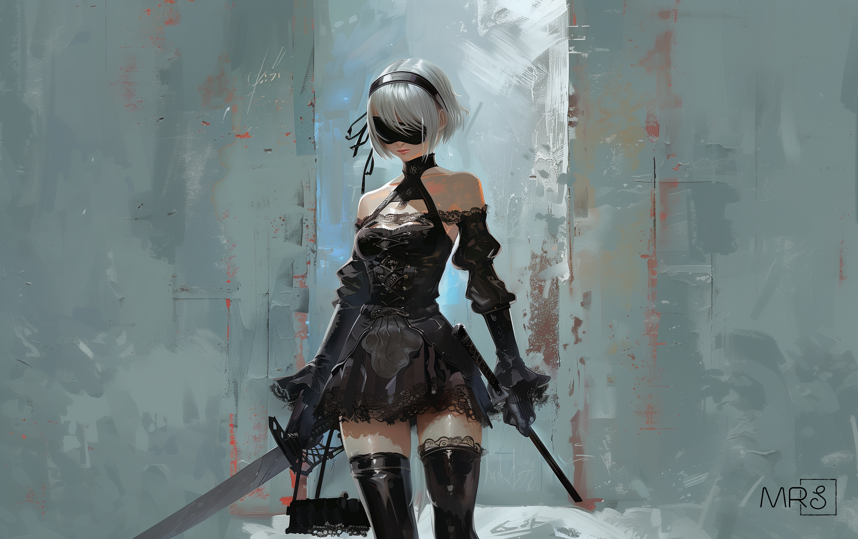 General 2752x1728 MRS Nier: Automata Nier standing holding sword white hair covered eye(s) boots black skirts skirt short hair 2B (Nier: Automata) AI art