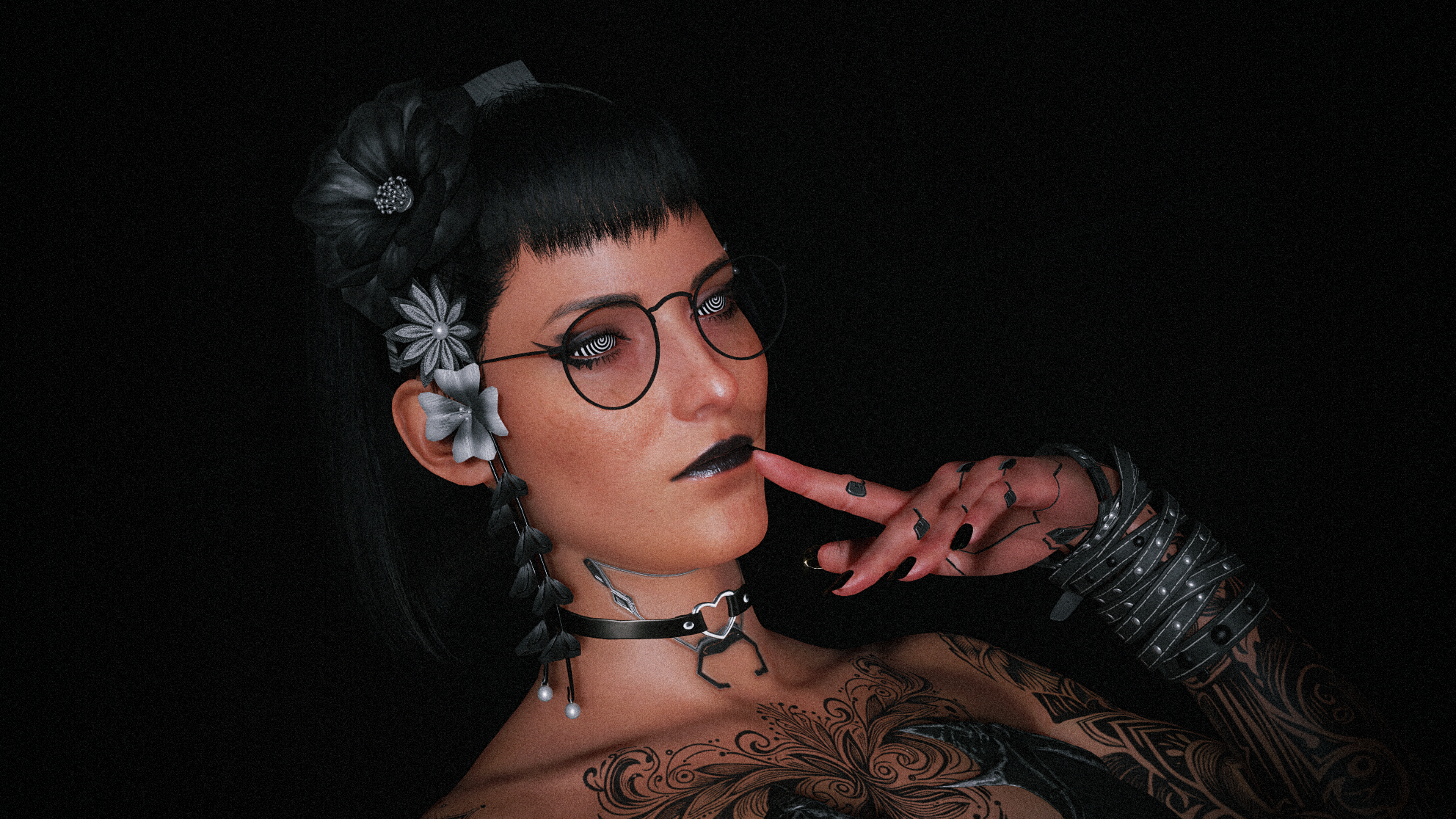 General 3840x2160 Cyberpunk 2077 CD Projekt RED video games tattoo video game characters CGI round glasses choker spiral