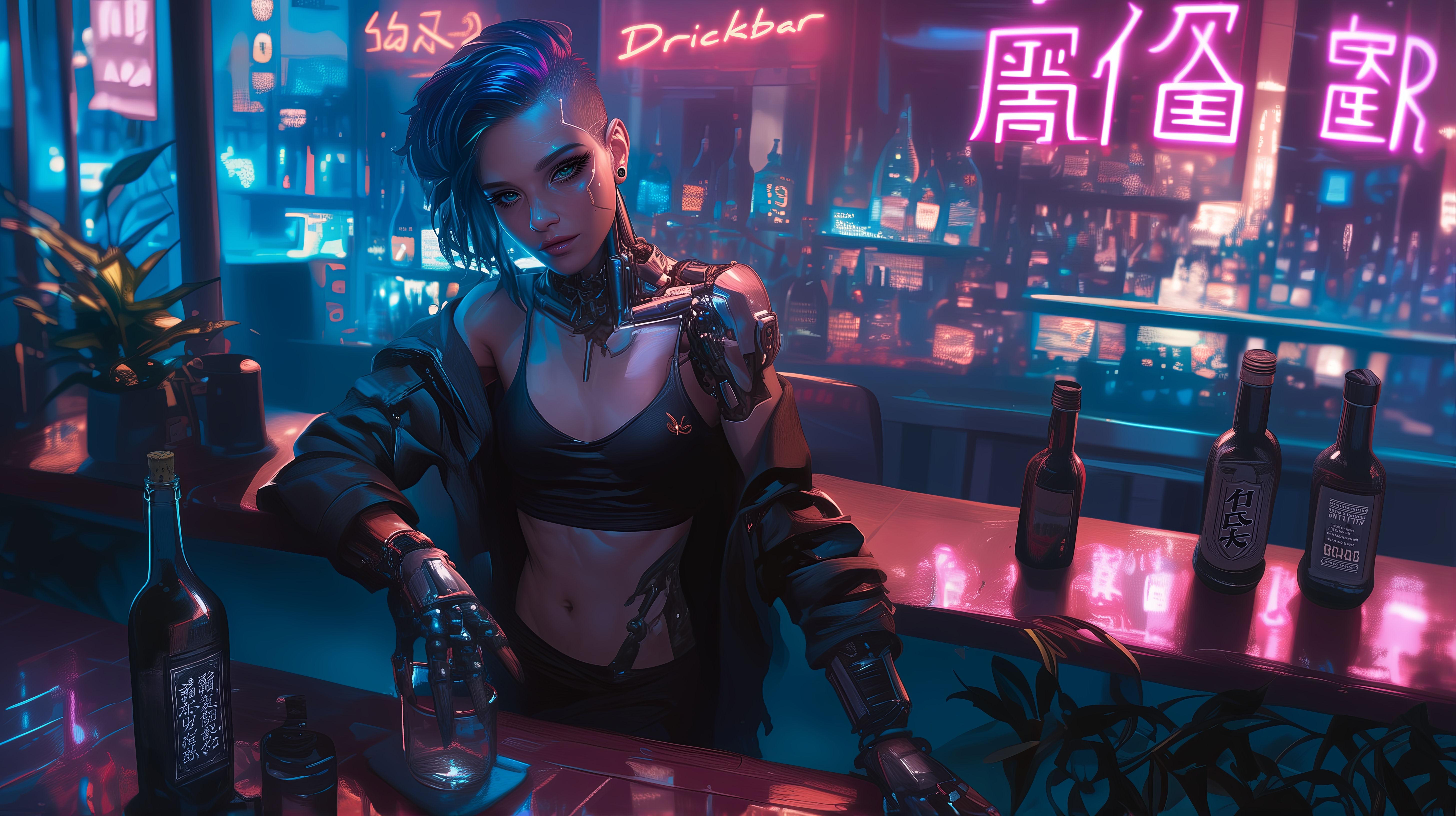 General 5824x3264 AI art women badass woman illustration cyberpunk bartender cyborg blue hair pixie cut bare midriff neon looking at viewer