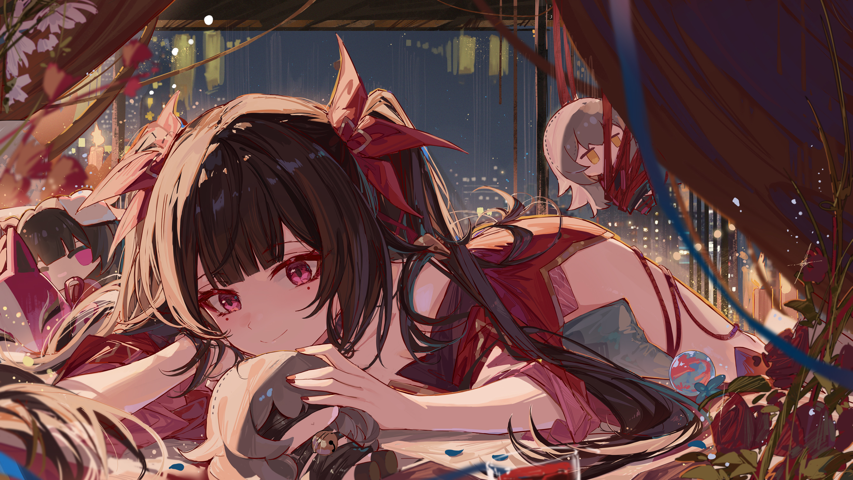 Anime 2710x1527 anime anime girls long hair pink eyes twintails Japanese clothes Sparkle (Honkai: Star Rail) Honkai: Star Rail smiling Yajuu women indoors lying down lying on front brunette painted nails ribbon bangs bed petals hair ornament facial mark fox mask