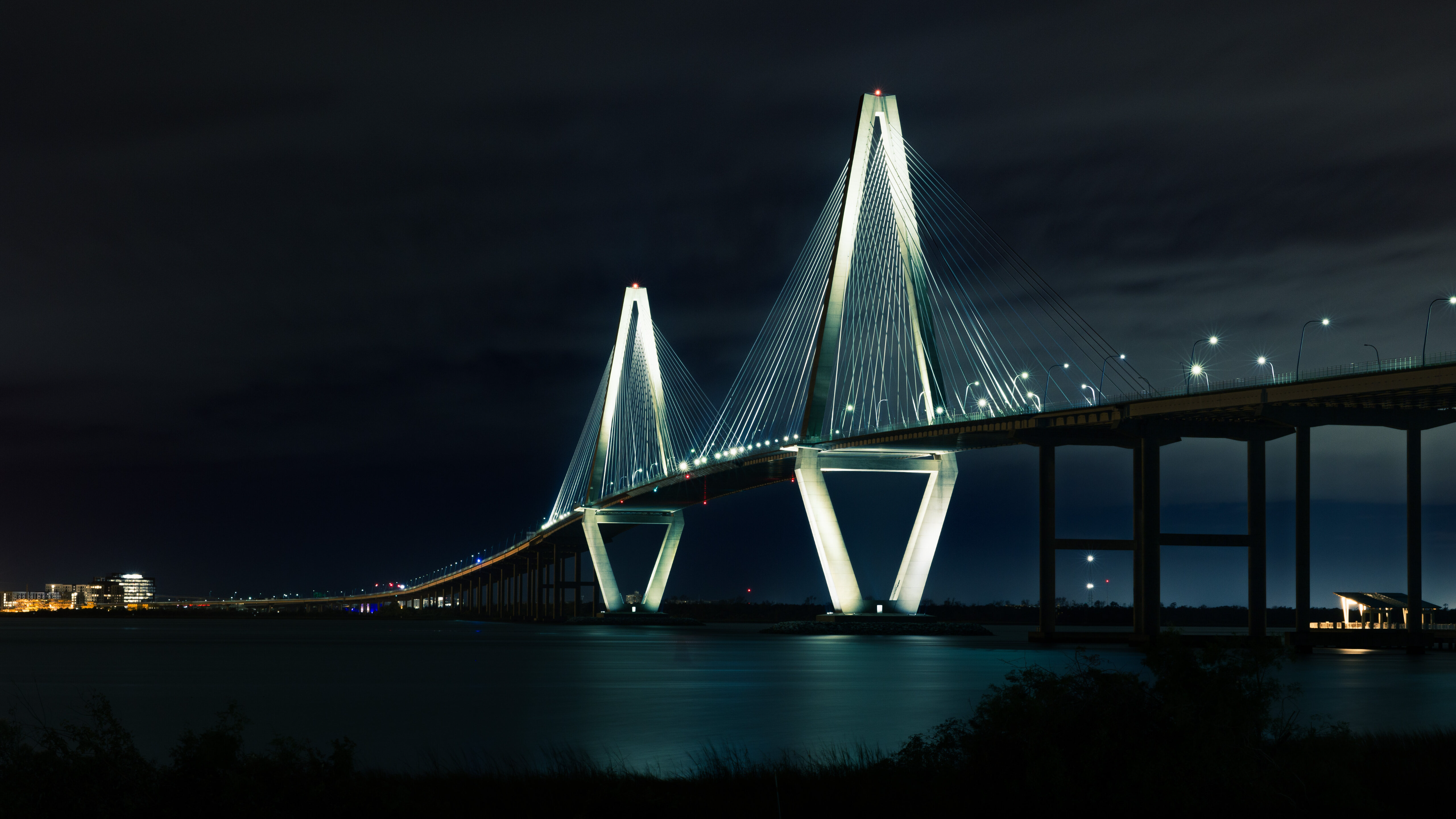 General 3840x2160 landscape architecture bridge lights long exposure water river city plants rope bridge Arthur Ravenel Jr. Bridge South Carolina USA