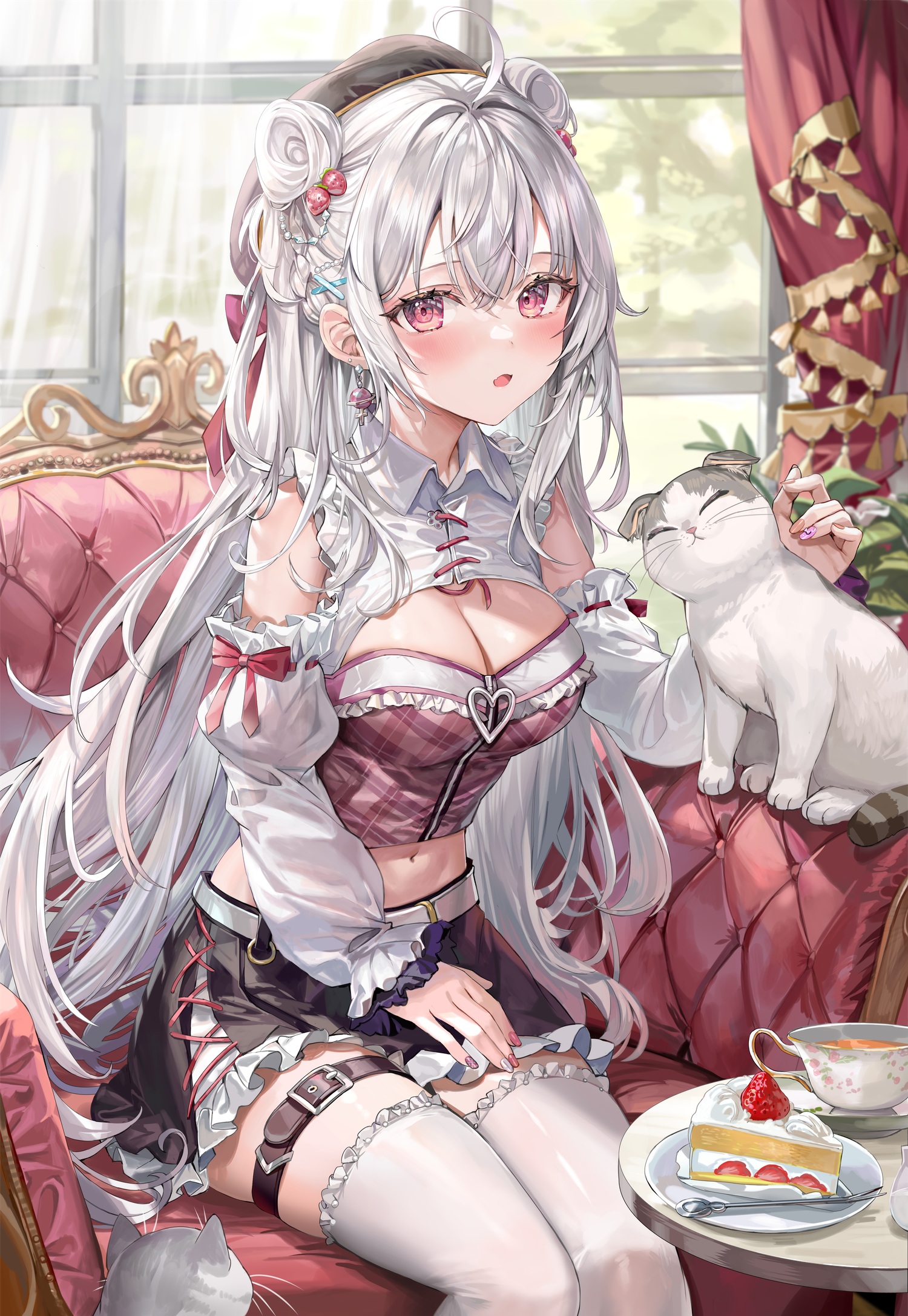Anime 1500x2175 anime anime girls portrait display stockings cats couch blushing long hair cake sweets silver hair cleavage purple eyes tea drink Pixiv
