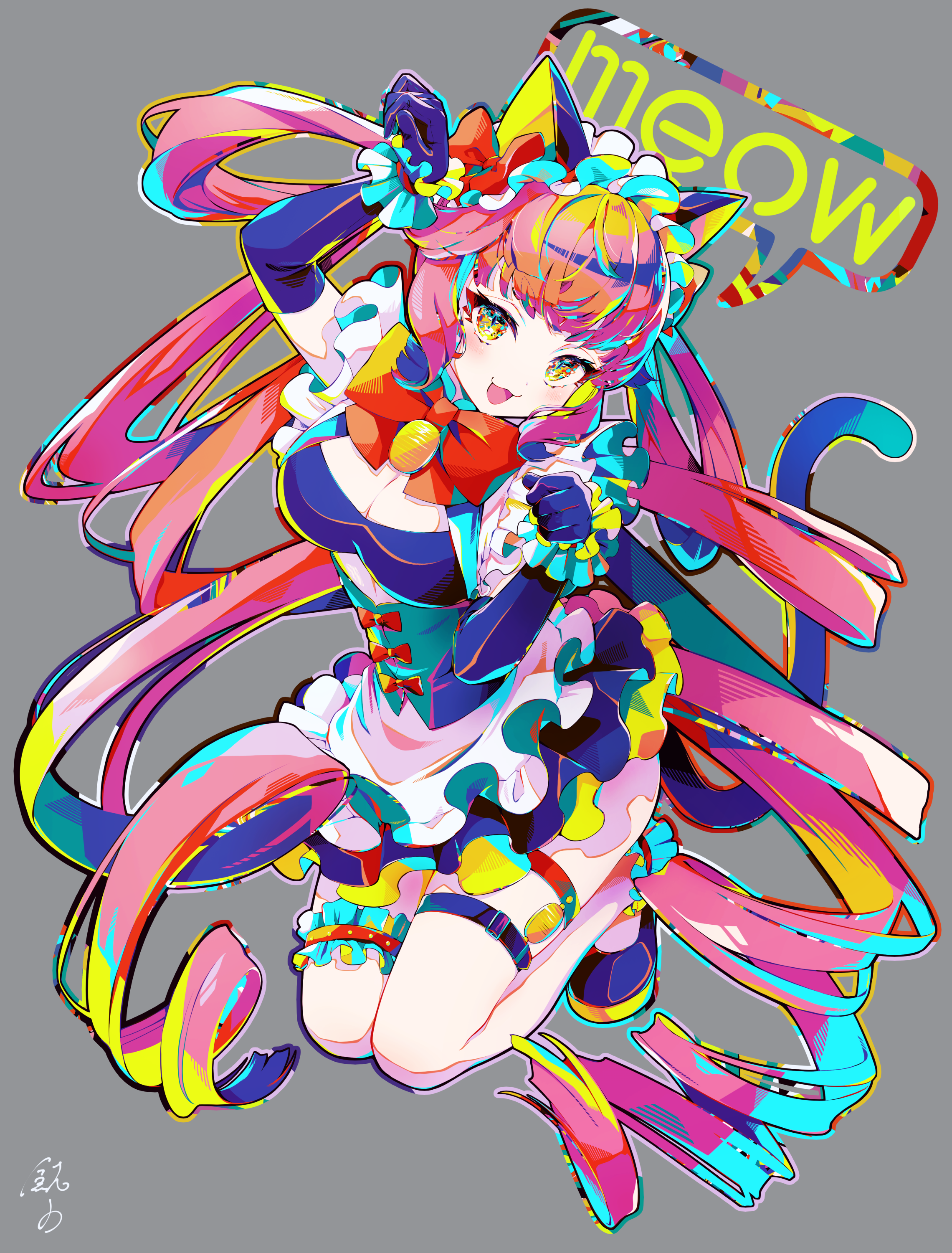 Anime 2280x3000 anime anime girls portrait display colorful twintails cat girl cat ears cat tail elbow gloves bow tie long hair