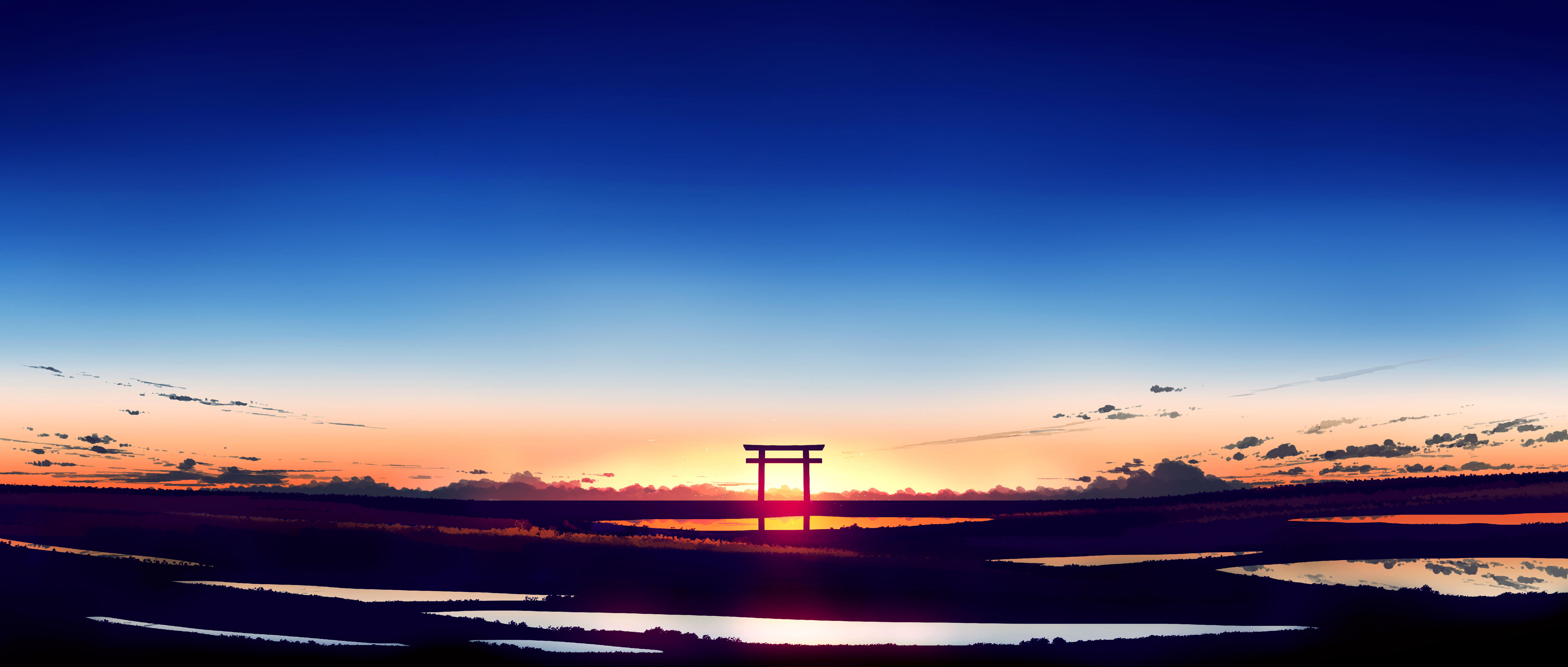General 5640x2400 Gracile digital art artwork illustration torii Japan landscape wide screen ultrawide sunset sunset glow clouds
