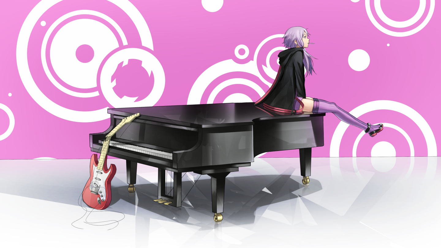 Anime 1440x810 SuGi anime girls Vocaloid Stratocaster guitar piano musical instrument simple background minimalism stockings looking away