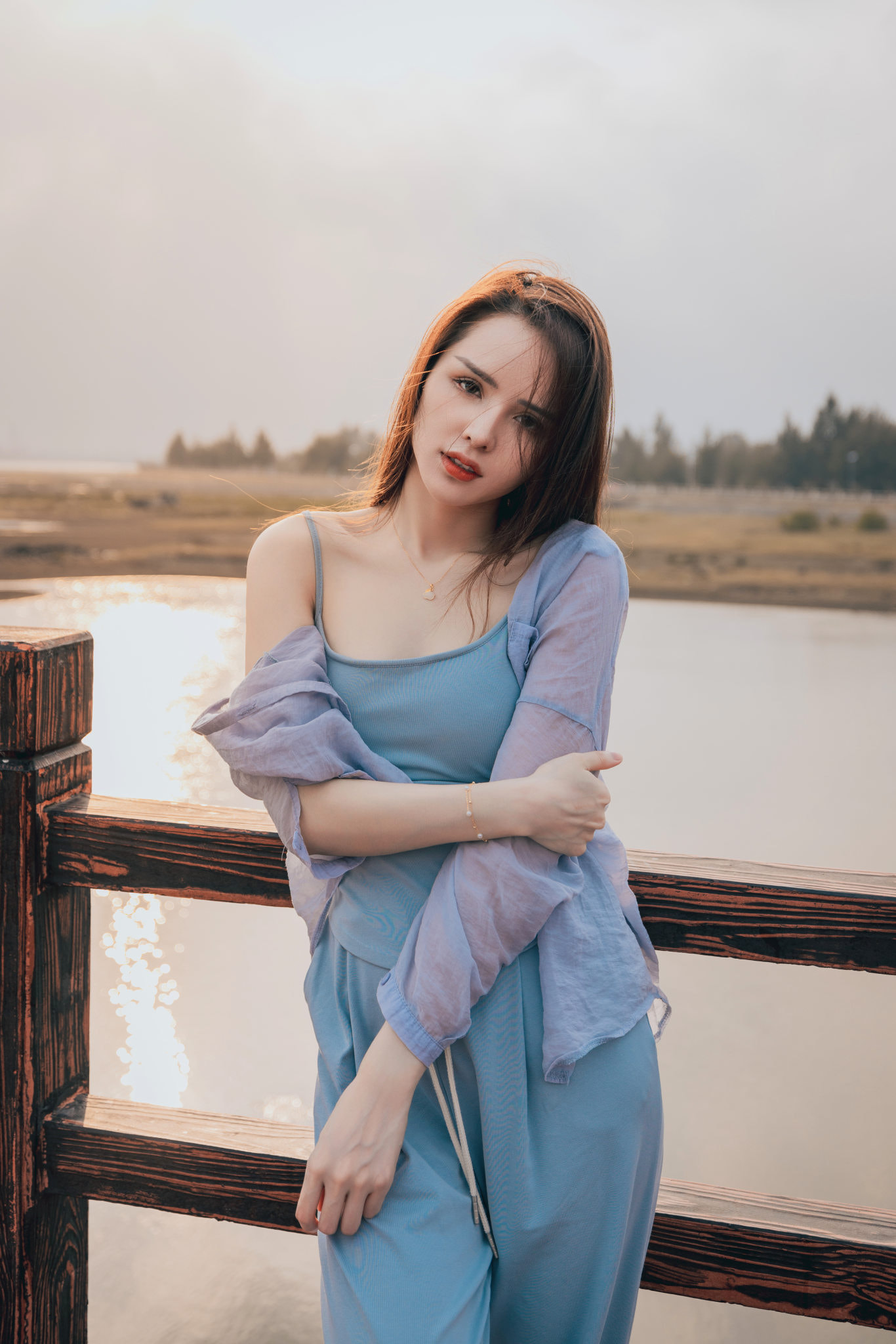 People 1366x2048 Qin Xiaoqiang women brunette long hair straight hair blue clothing fence lake Asian