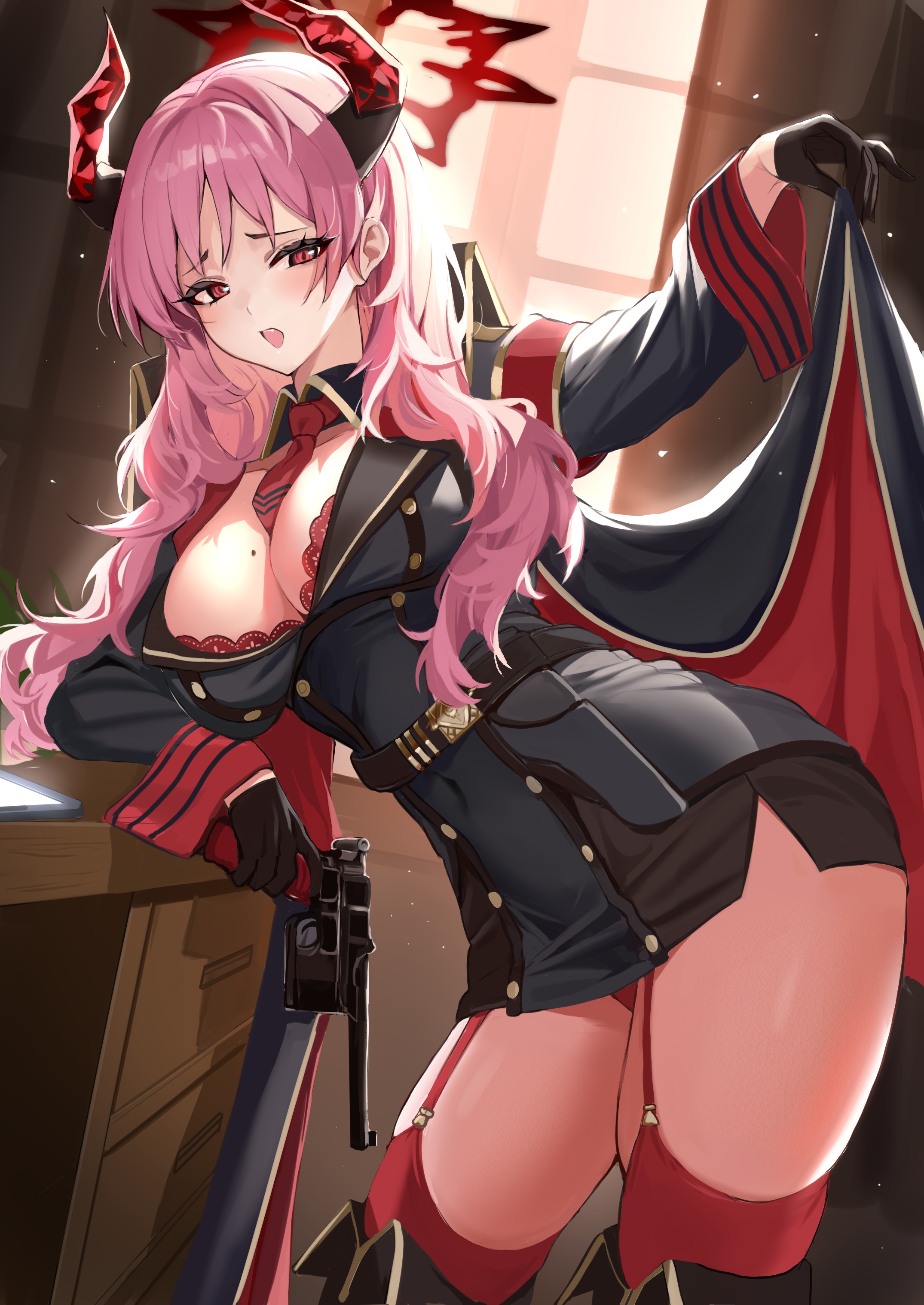 Anime 2150x3035 anime anime girls portrait display horns gloves gun girls with guns moles mole on breast tie item between boobs pink hair red eyes cleavage big boobs garter straps Blue Archive Satsuki (Blue Archive)