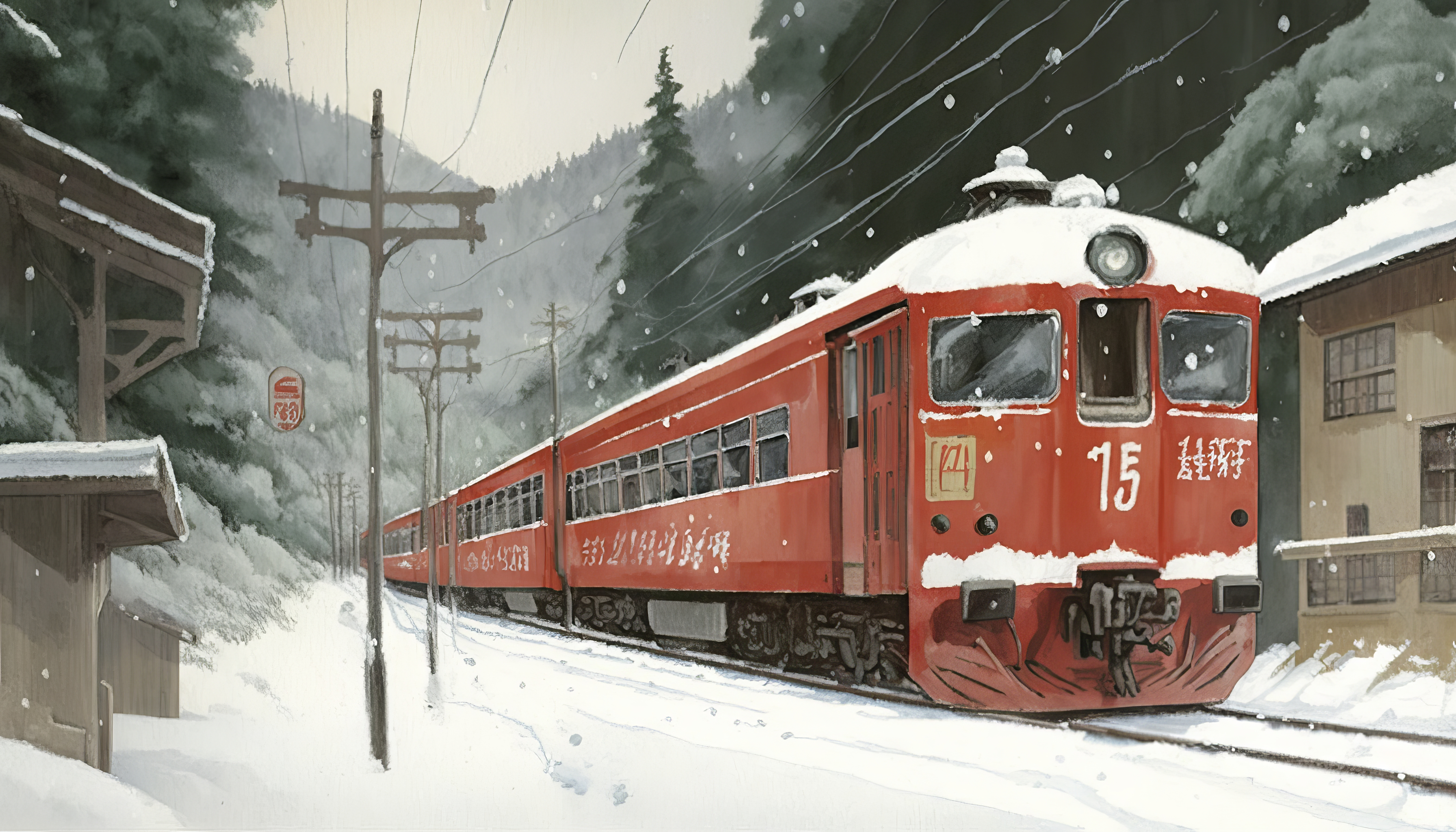 General 4579x2616 AI art illustration train Japan winter snow digital art