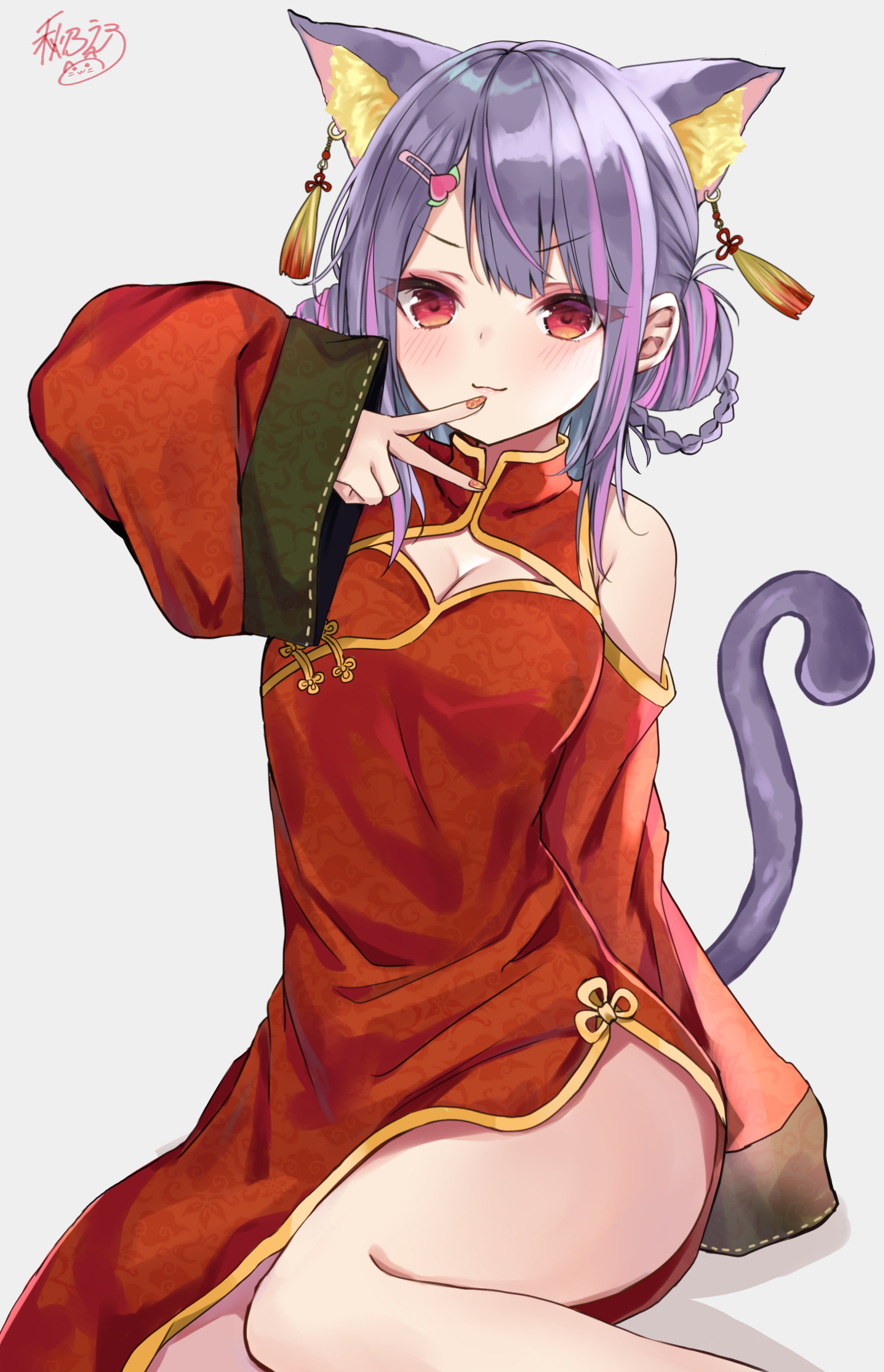 Anime 1500x2328 anime anime girls portrait display Chinese dress cat girl cat ears cat tail two tone hair cleavage cutout cleavage peace sign red eyes blushing braids