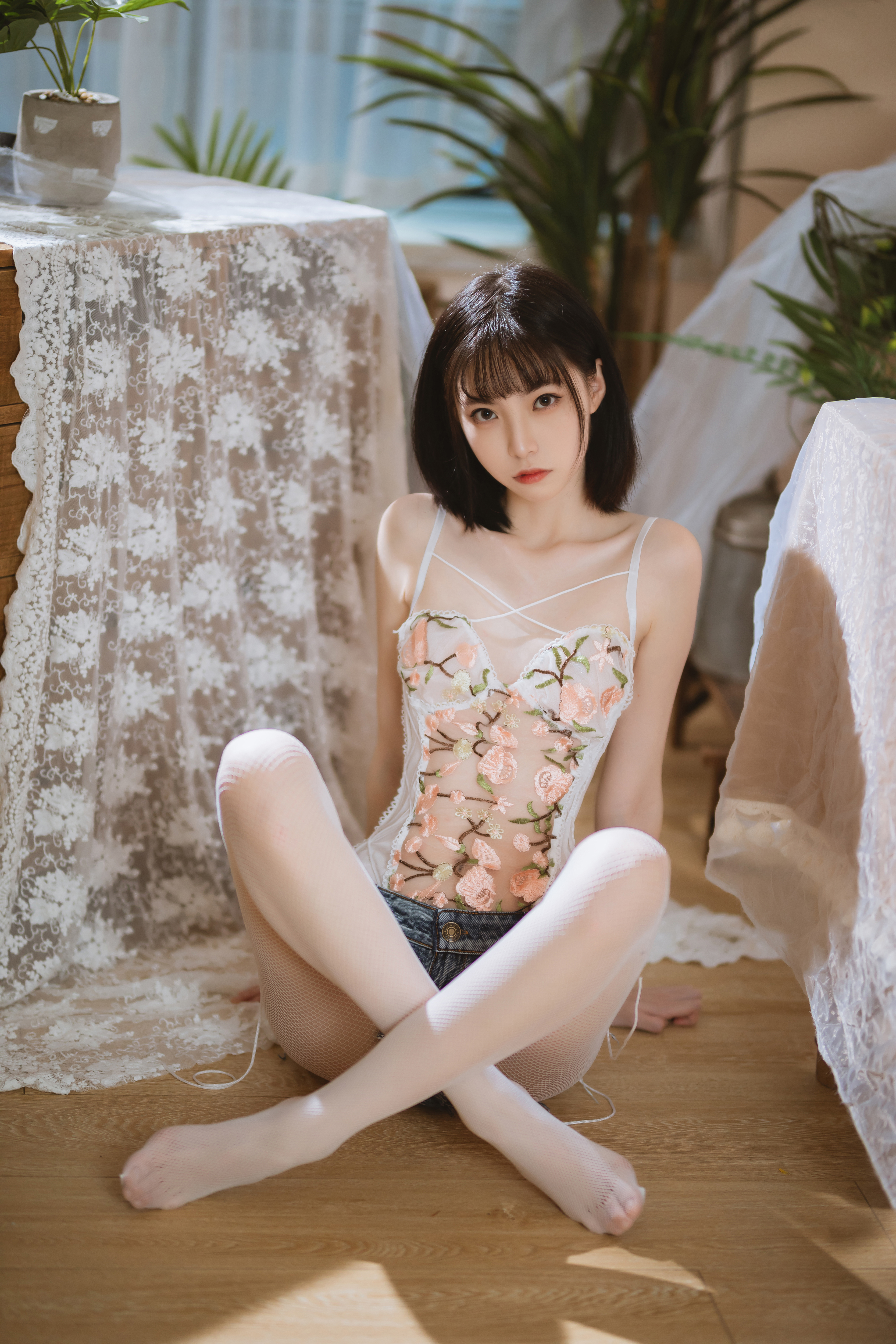 People 3333x5000 Xu Lan women model Asian brunette women indoors fishnet pantyhose jean shorts