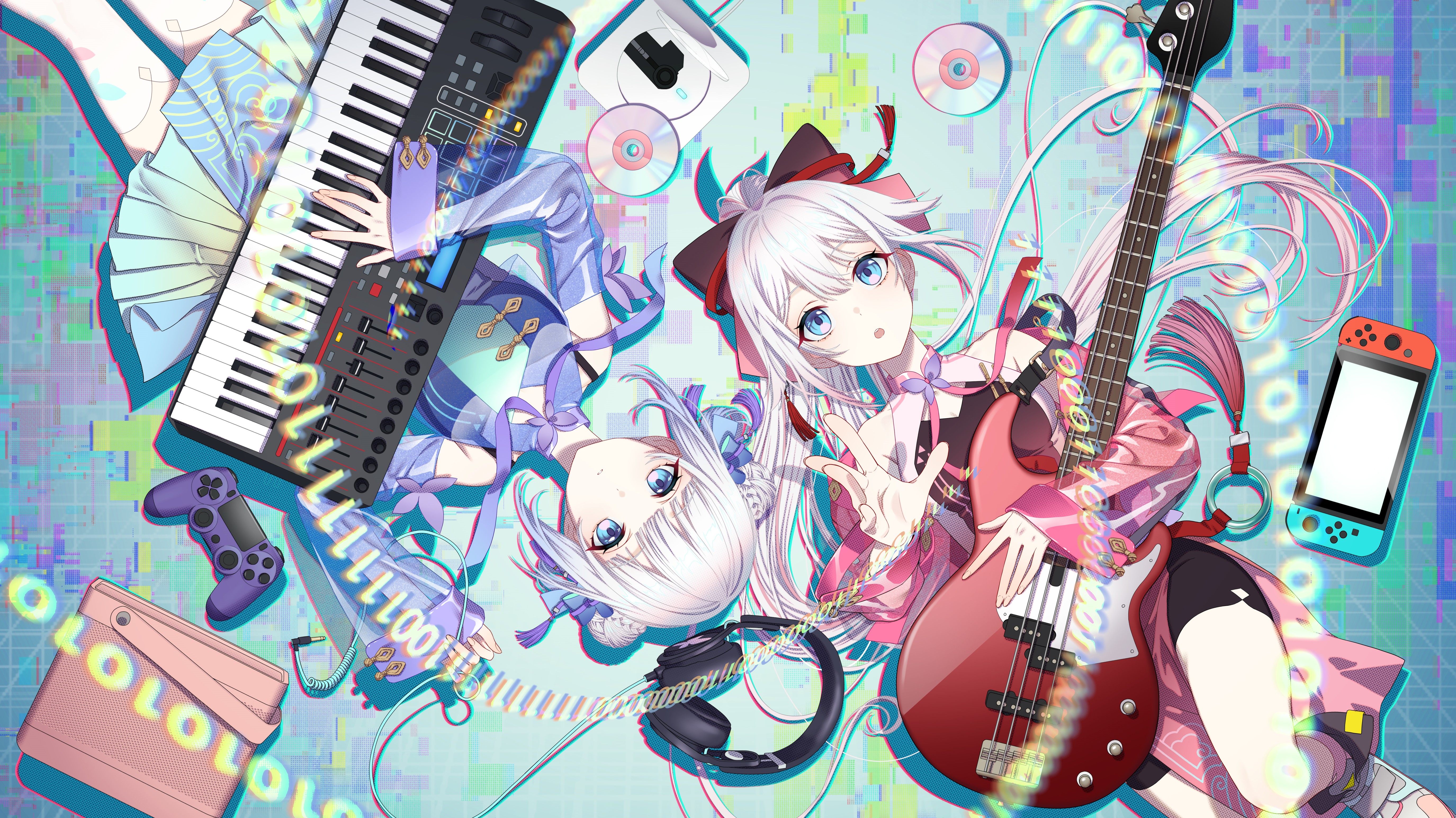 Anime 5500x3091 tacitly anime two women top view musical instrument anime girls guitar piano lying on back controllers headphones Nintendo Switch arms reaching