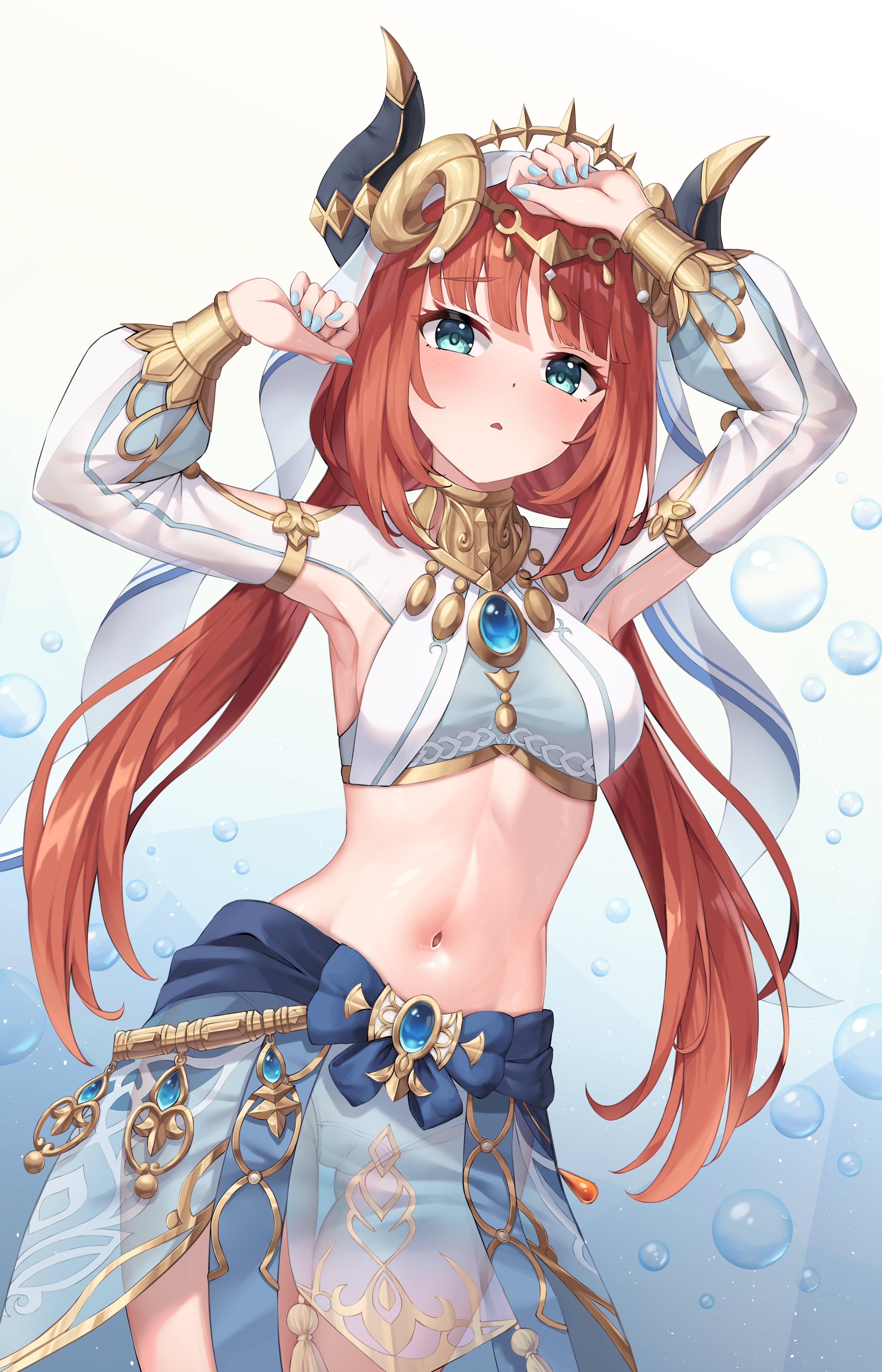 Anime 2700x4200 anime girls Blustar Sky Genshin Impact Nilou (Genshin Impact) cameltoe horns pants see-through dress redhead video games blue eyes portrait display belly belly button twintails bubbles long hair armpits