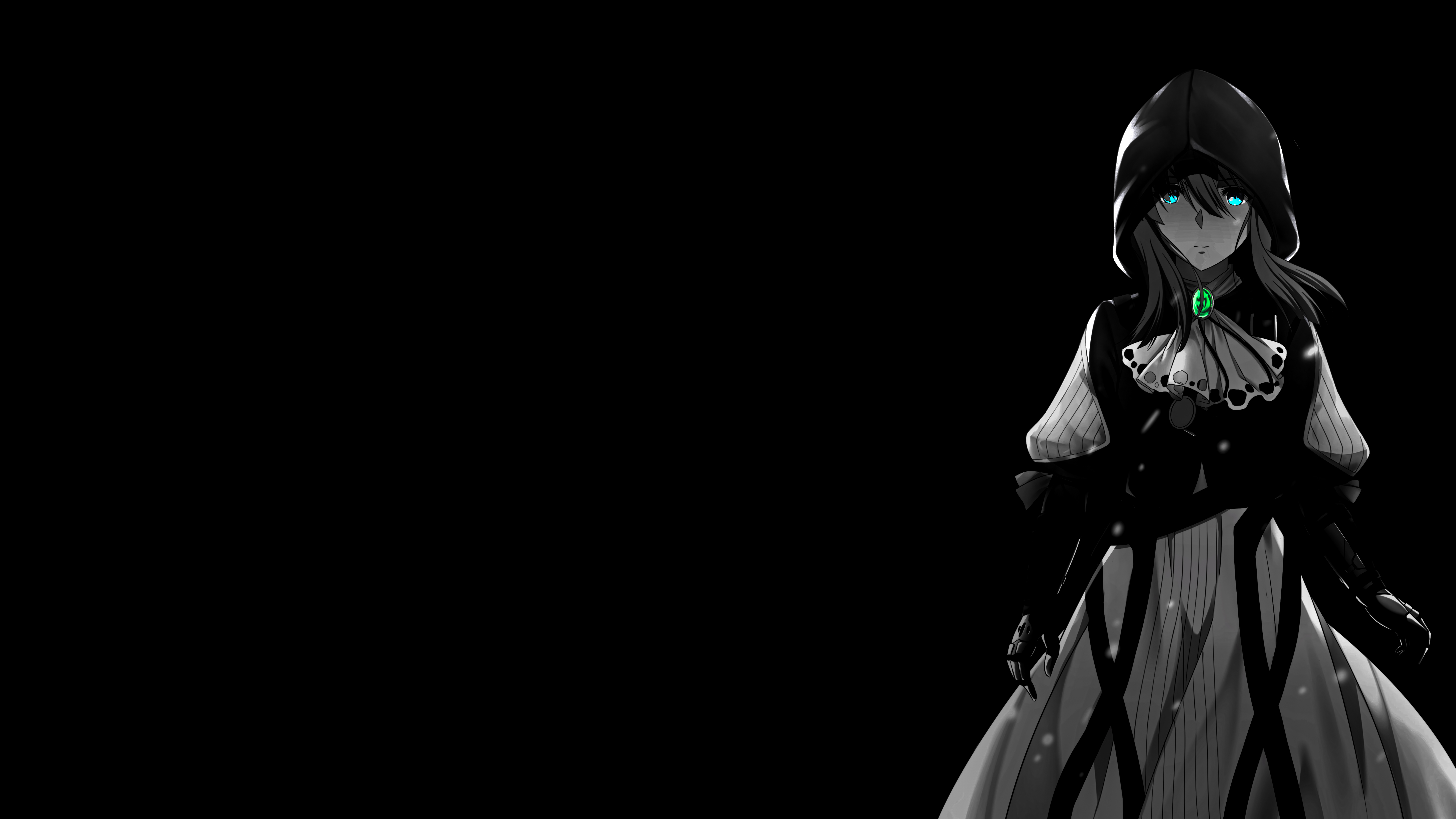 Anime 7680x4320 Violet Evergarden (character) Violet Evergarden black background dark background glowing anime girls monochrome blue eyes anime 4K looking at viewer minimalism selective coloring simple background