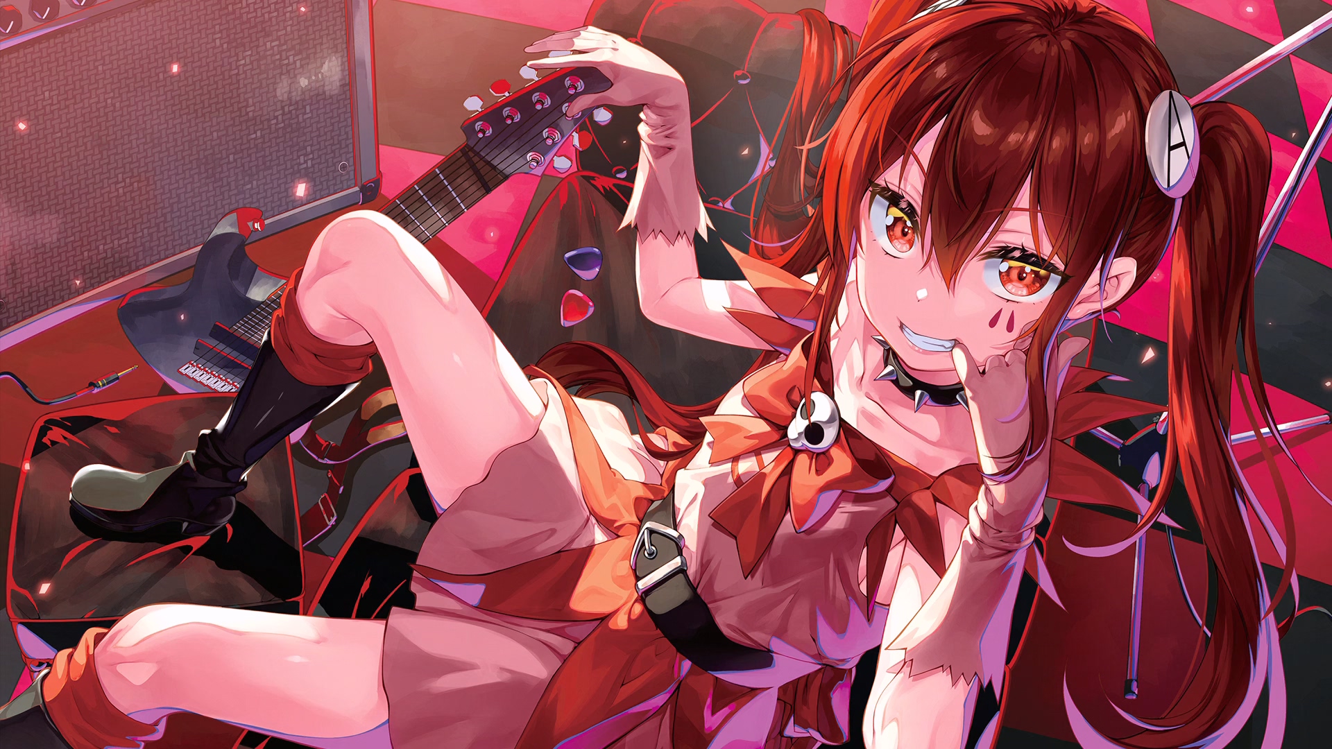 Anime 1920x1080 Mahou Shoujo Magical Destroyers anime girls anime twintails long hair looking at viewer choker smiling guitar musical instrument gloves bow tie redhead red eyes checkered