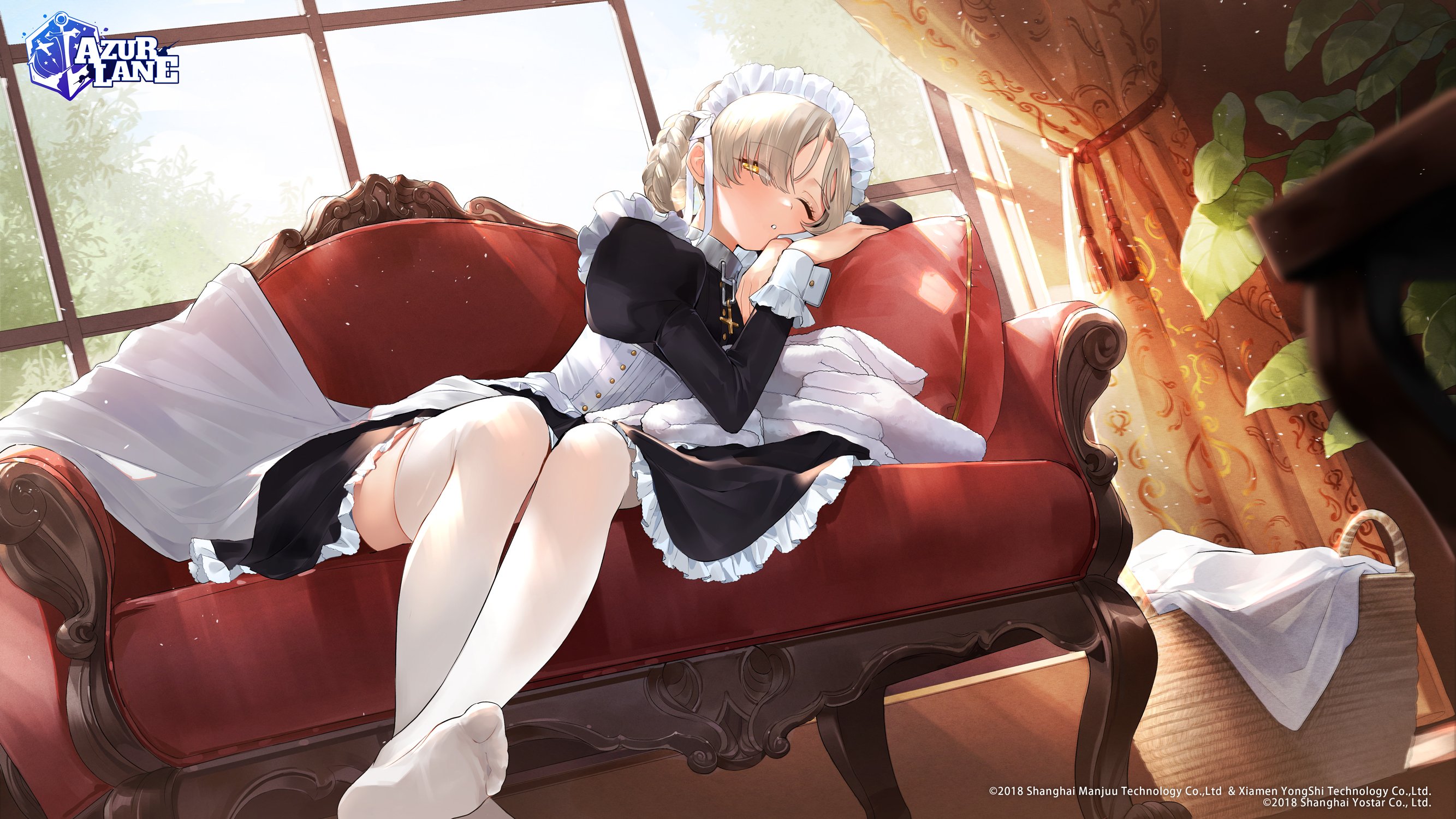 Anime 2667x1500 Sheffield (Azur Lane) Azur Lane maid outfit anime girls sitting couch watermarked logo one eye closed stockings maid sunlight leaves looking at viewer braids blonde yellow eyes window