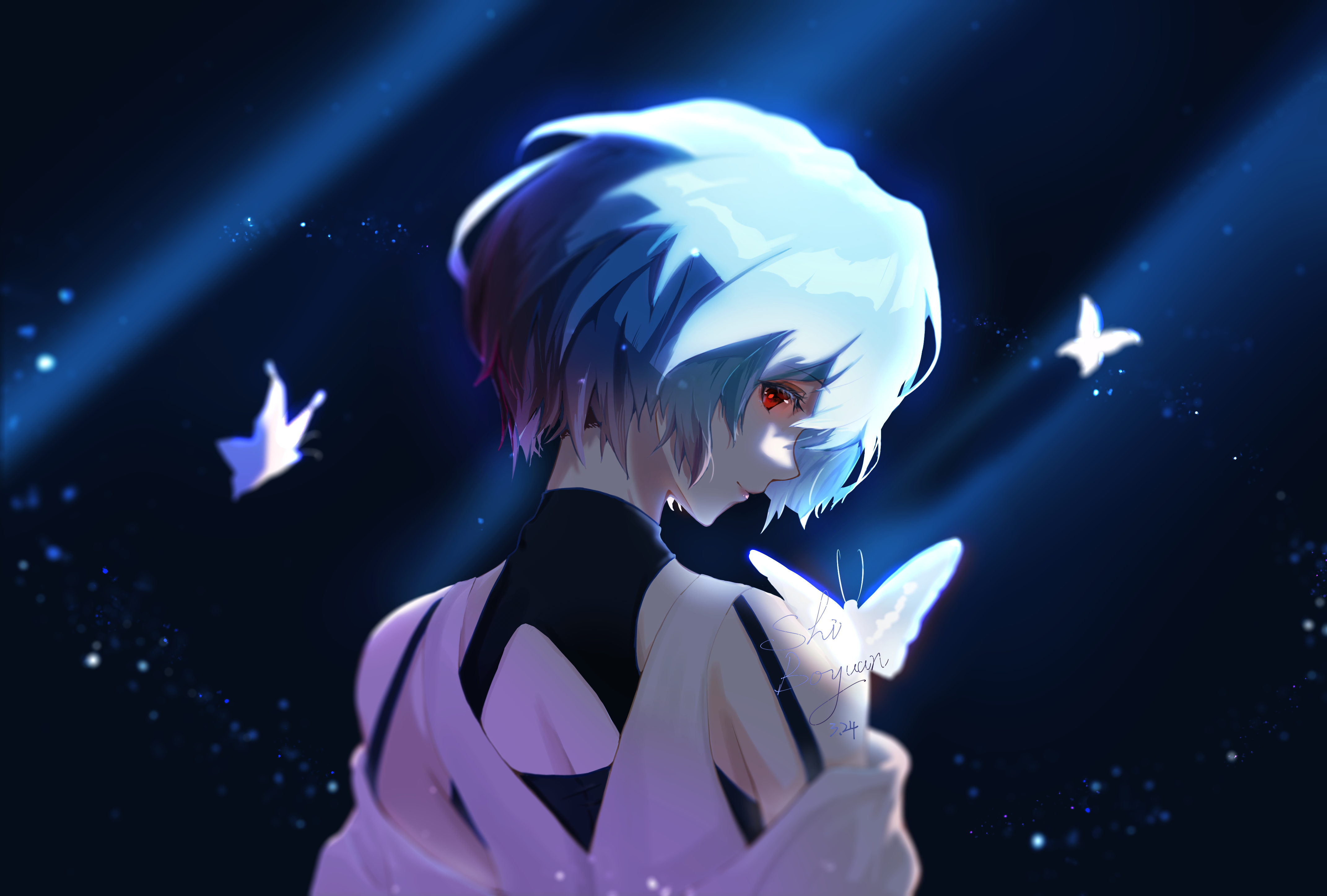 Anime 4285x2894 anime girls anime looking at viewer butterfly red eyes Ayanami Rei Neon Genesis Evangelion blue hair looking over shoulder artwork short hair smiling simple background insect