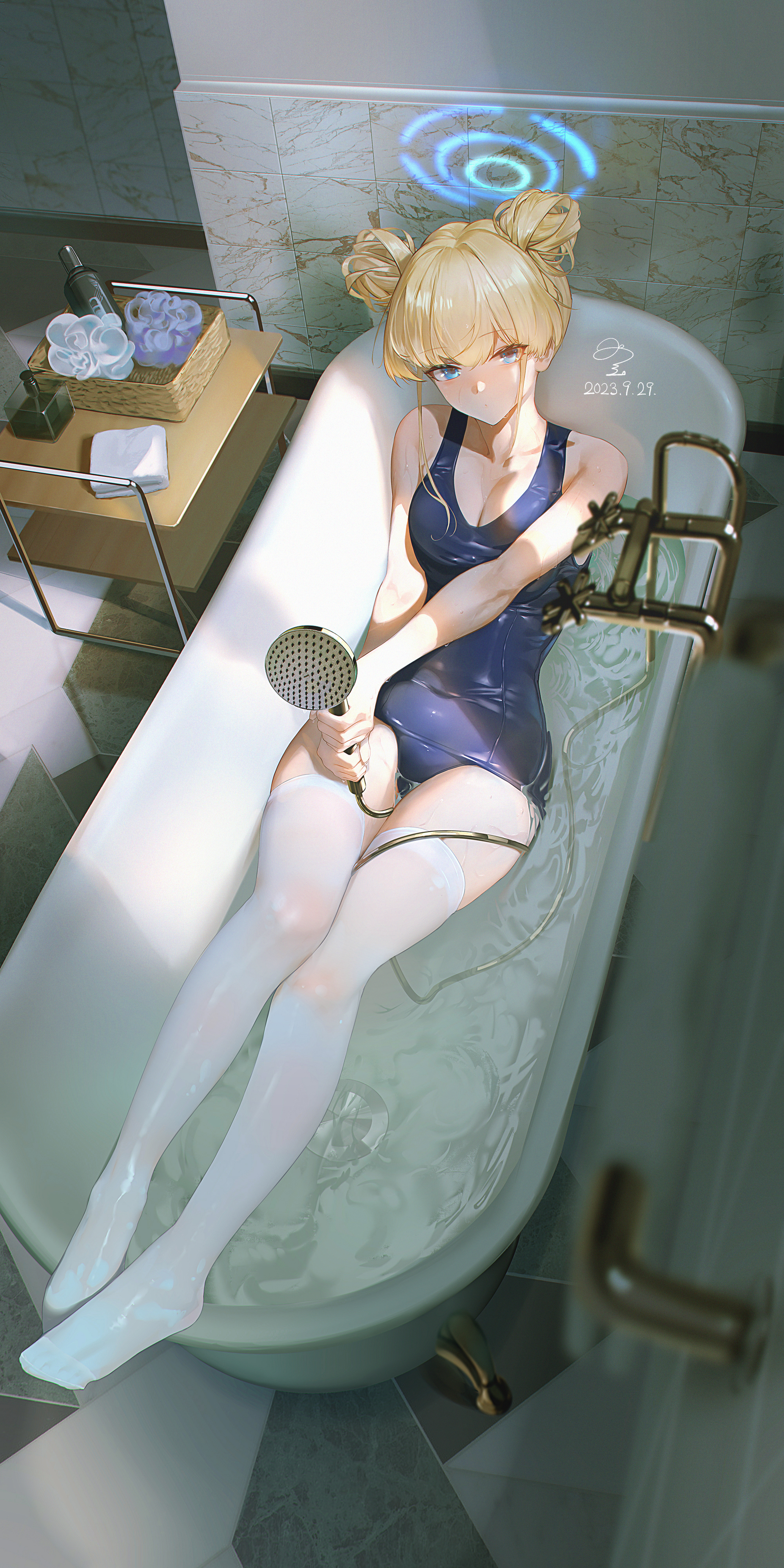 Anime 2000x4000 Blue Archive in bathtub portrait display anime girls Asuma Toki (Blue Archive) one-piece swimsuit water school swimsuits hairbun bathtub blue swimsuit in bathroom watermarked blue eyes lying down Ri Bao looking at viewer high angle long hair blonde wet clothing signature wet body blushing cleavage boobs tap tiles shower white stockings