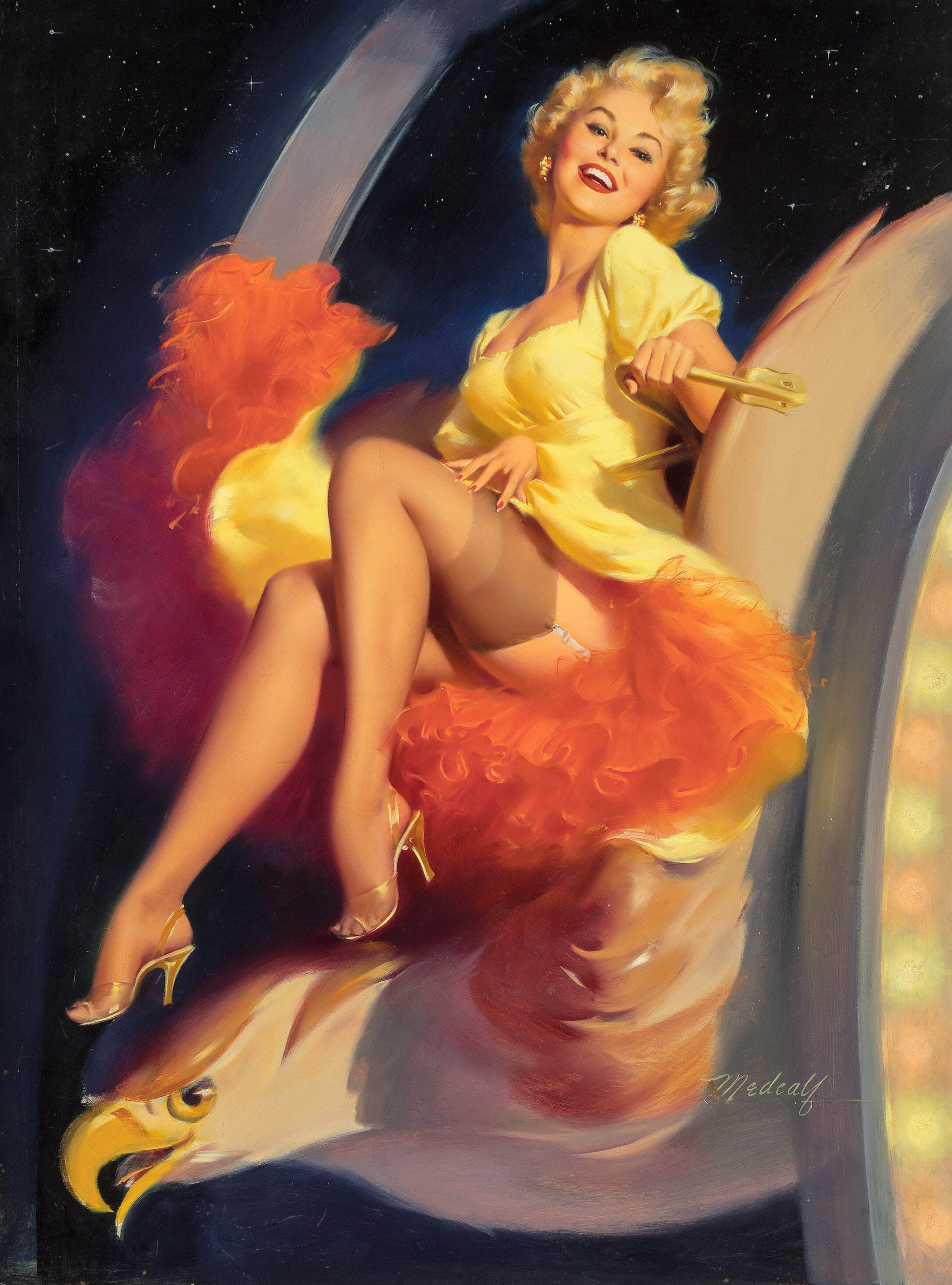 General 2160x2914 painting William Medcaf eagle stockings blonde pinup models vintage portrait display signature smiling looking at viewer animals stars heels dress