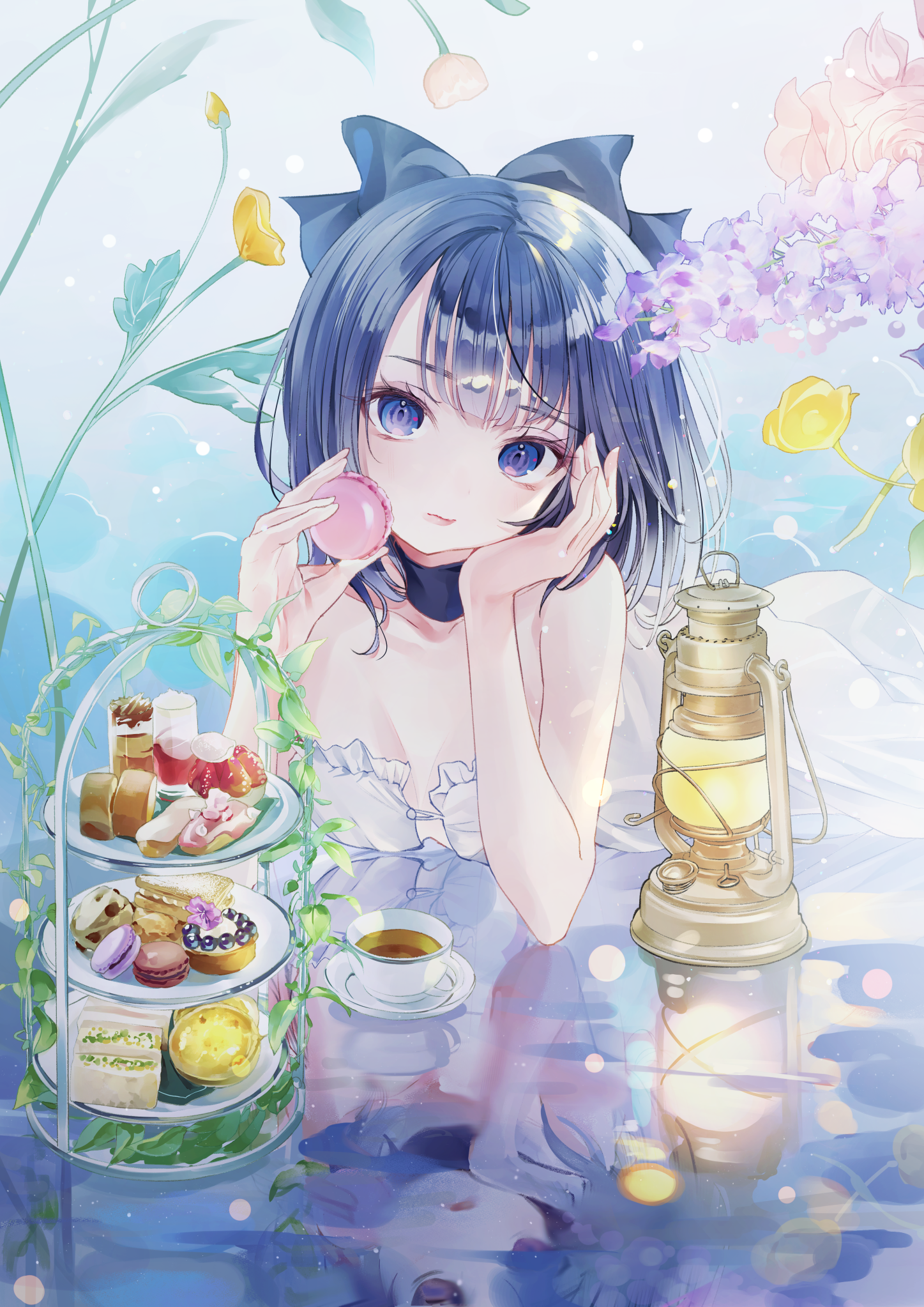 Anime 1447x2046 Pixiv anime anime girls Nabi Virtual Youtuber sweets macarons tea cup looking at viewer short hair portrait display leaves petals flowers lantern dress lying down lying on front hand on face reflection