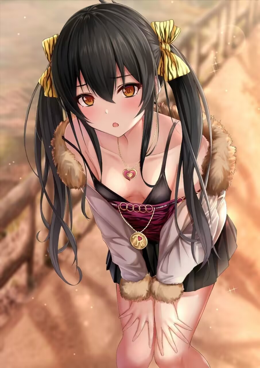 Anime 906x1280 anime girls Blue Archive Matoba Risa long hair twintails portrait display small boobs necklace bent over looking at viewer sunset sunset glow blushing hands on knees standing open mouth black hair yellow eyes skirt