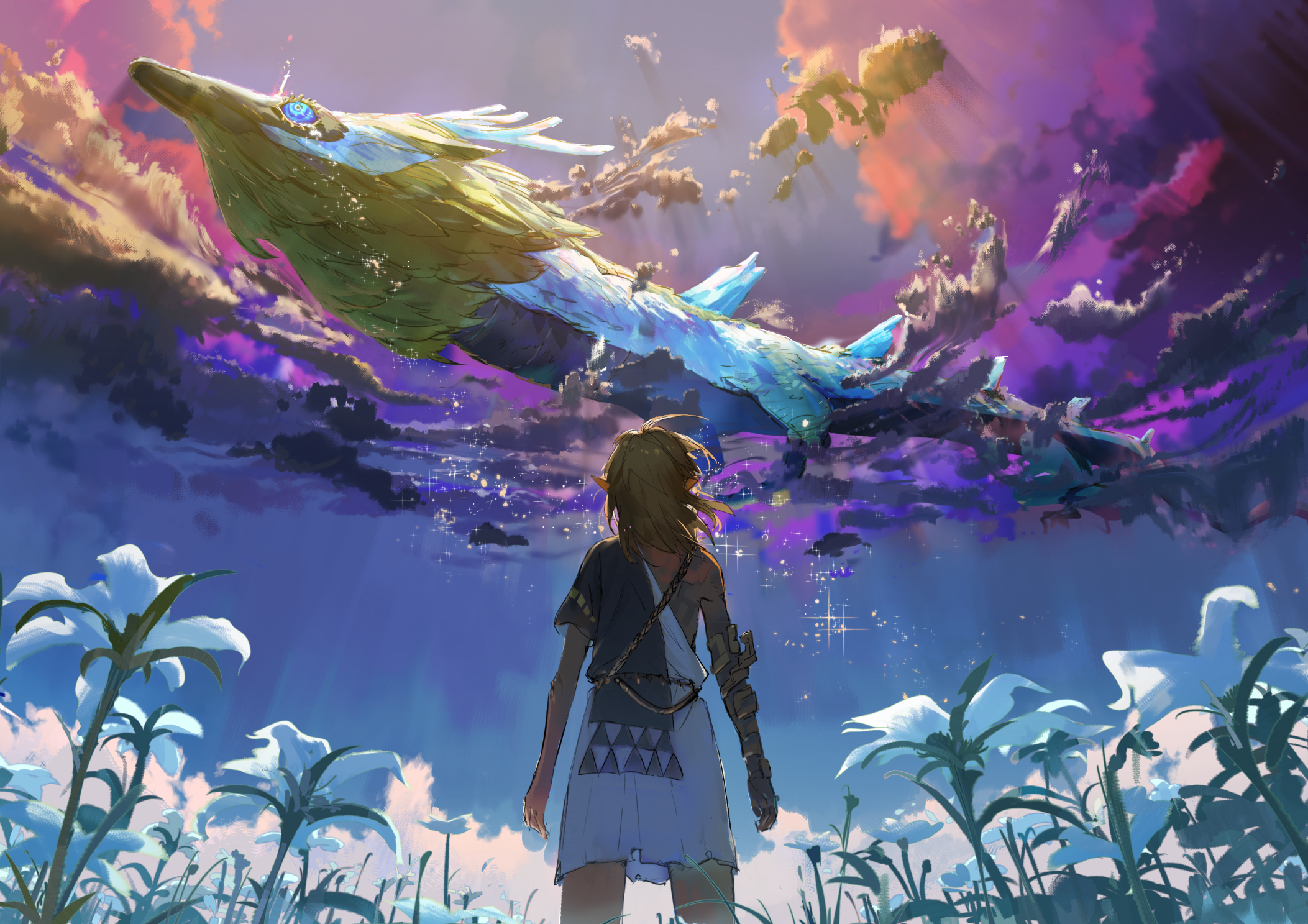 Anime 2105x1487 video game boys dragon clouds sky creature stardust pointy ears flowers Nintendo The Legend of Zelda Link The Legend of Zelda: Tears of the Kingdom blonde rear view outdoors low-angle field looking up