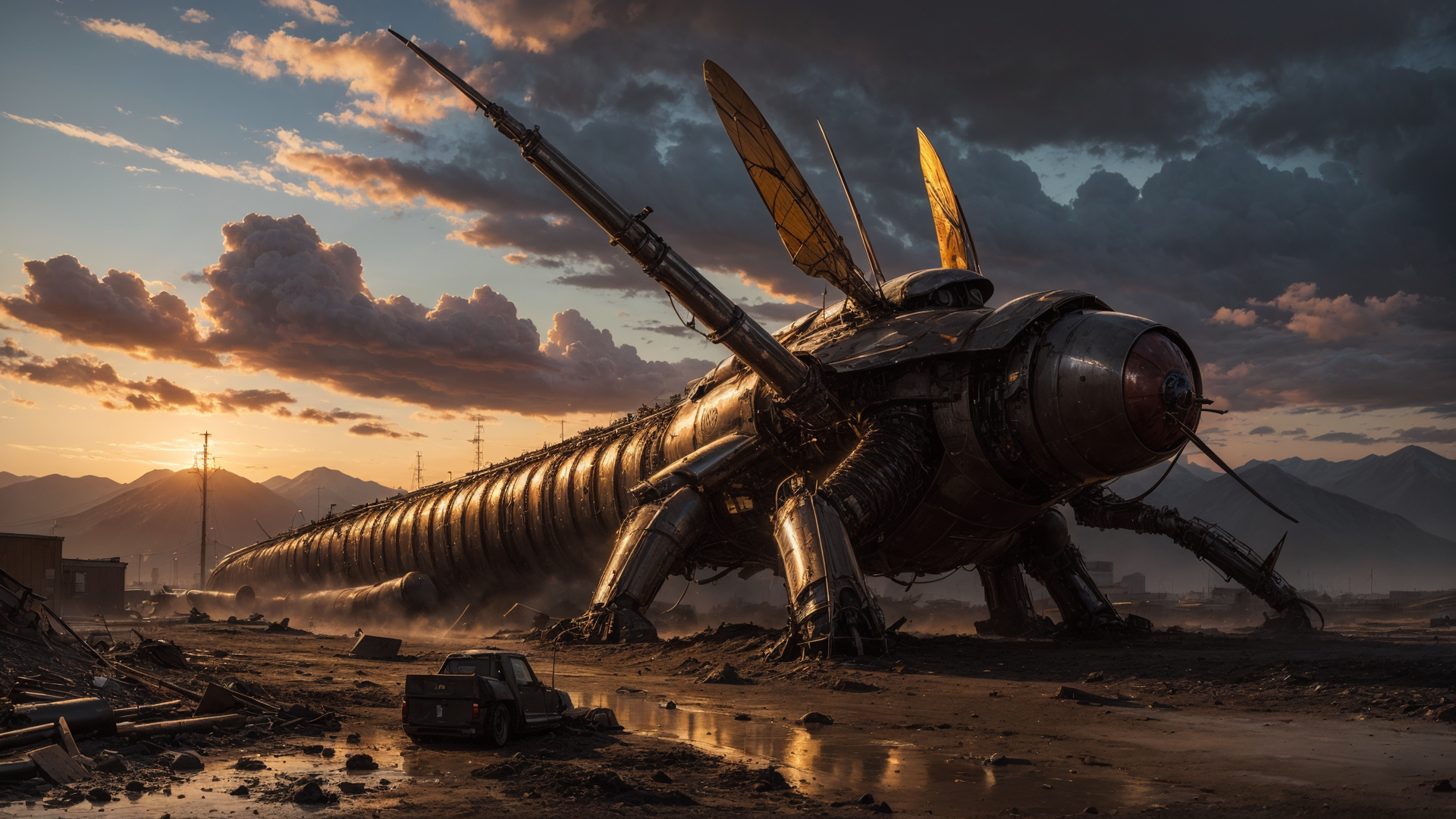 General 1920x1080 Stable Diffusion Futurism futuristic science fiction post apocalypse robot AI art spaceship digital art sunset sunset glow sky clouds water technology