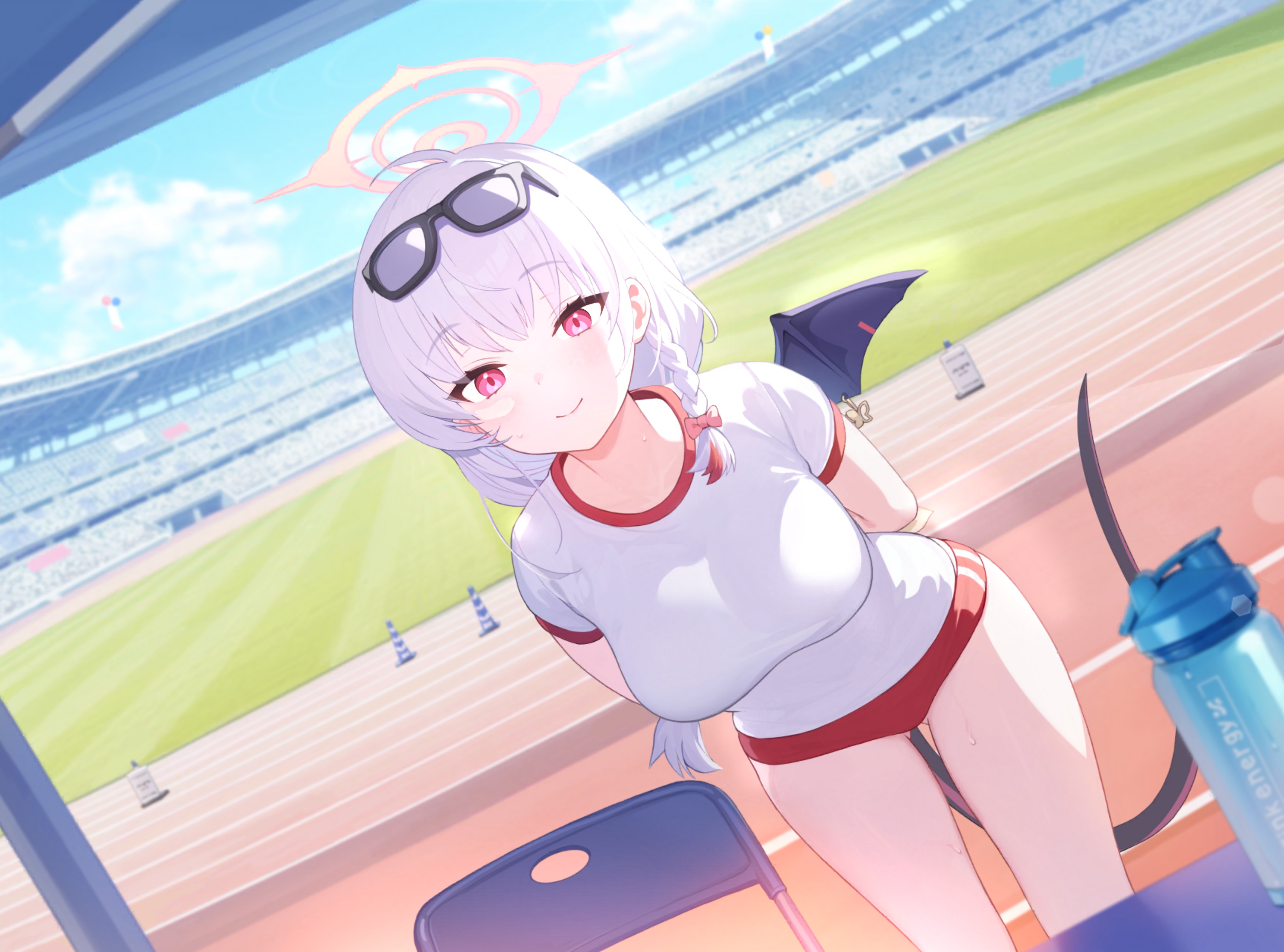 Anime 3443x2555 anime anime girls Blue Archive sunlight Haruna (Blue Archive) smiling long hair sports panties demon girls wings looking at viewer sky clouds stadium sunglasses red eyes bent over daylight race tracks sweat big boobs