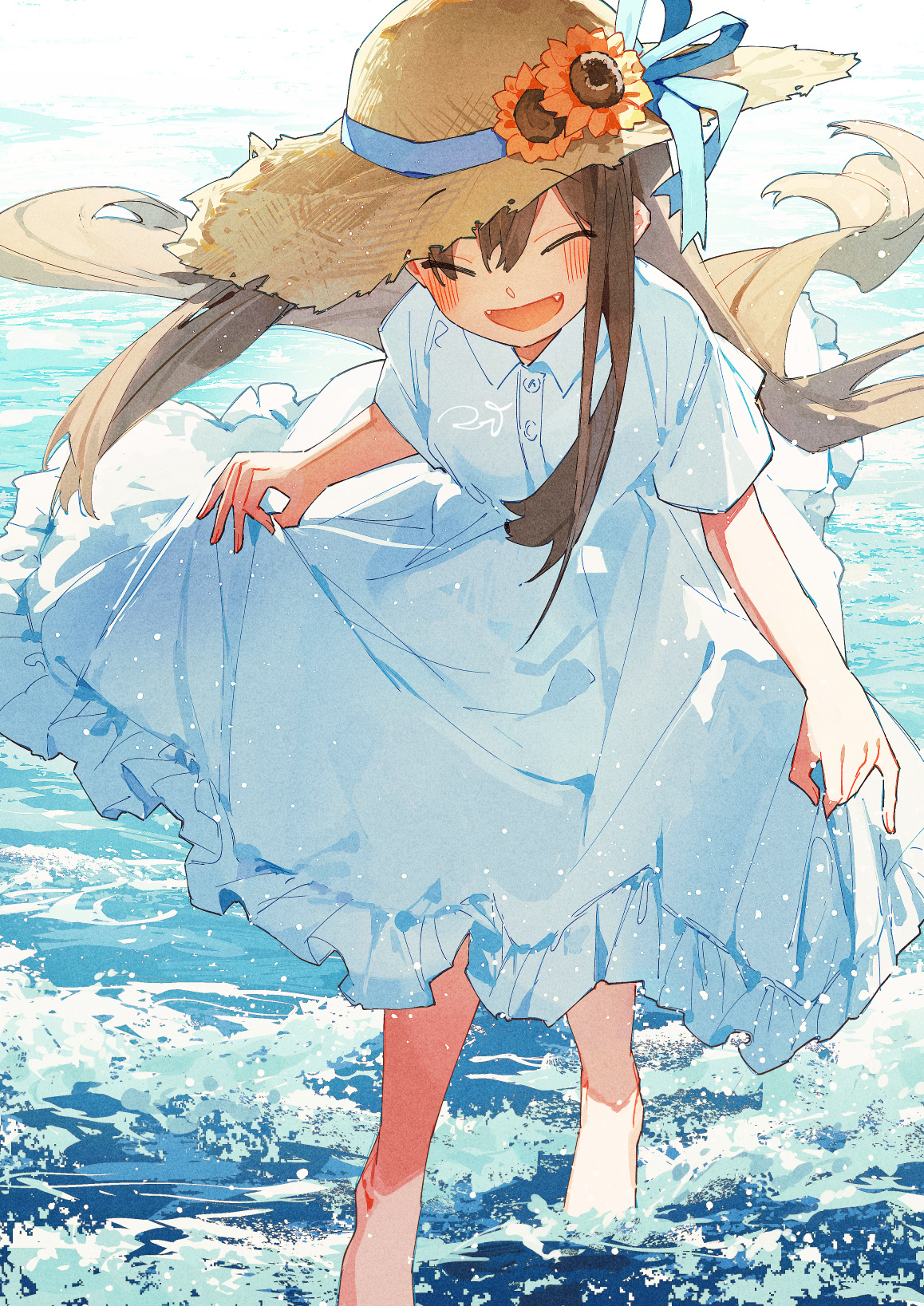 Anime 1158x1637 anime anime girls portrait display straw hat closed eyes long hair brunette walking water standing in water dress lifting dress smiling blushing open mouth barefoot