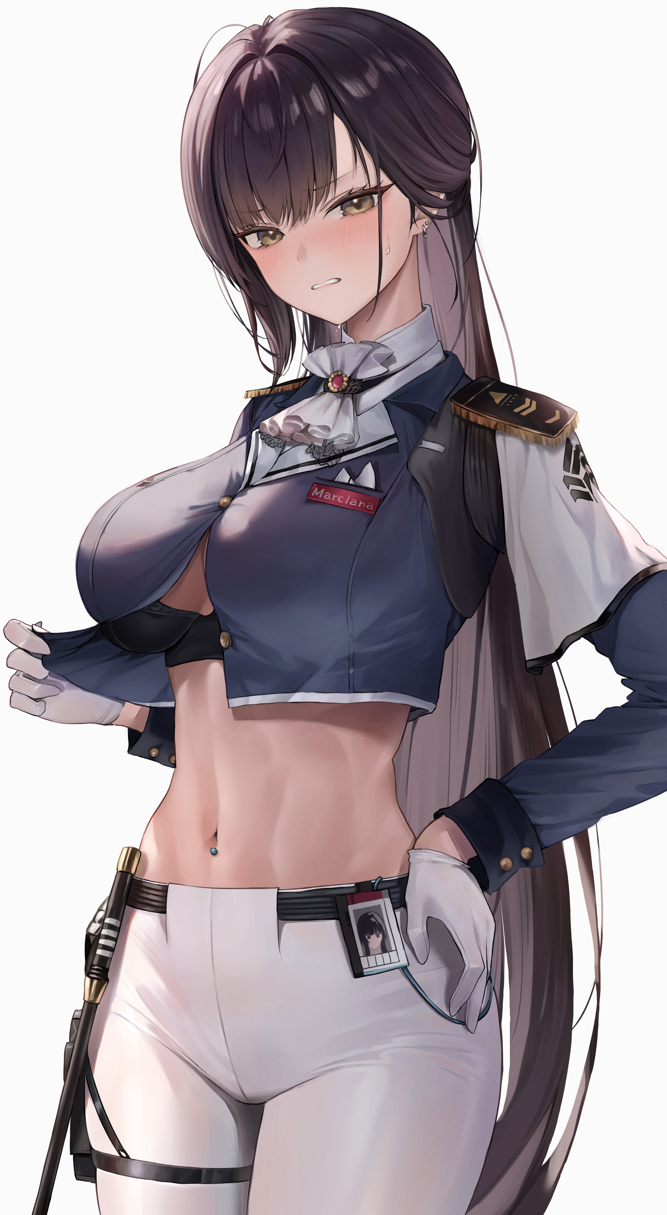 Anime 2247x4093 anime anime girls Pixiv Marciana Nikke: The Goddess of Victory video games gloves hands on hips long hair looking at viewer blushing sweatdrop ear piercing video game characters big boobs bra video game girls brunette brown eyes minimalism white background uniform