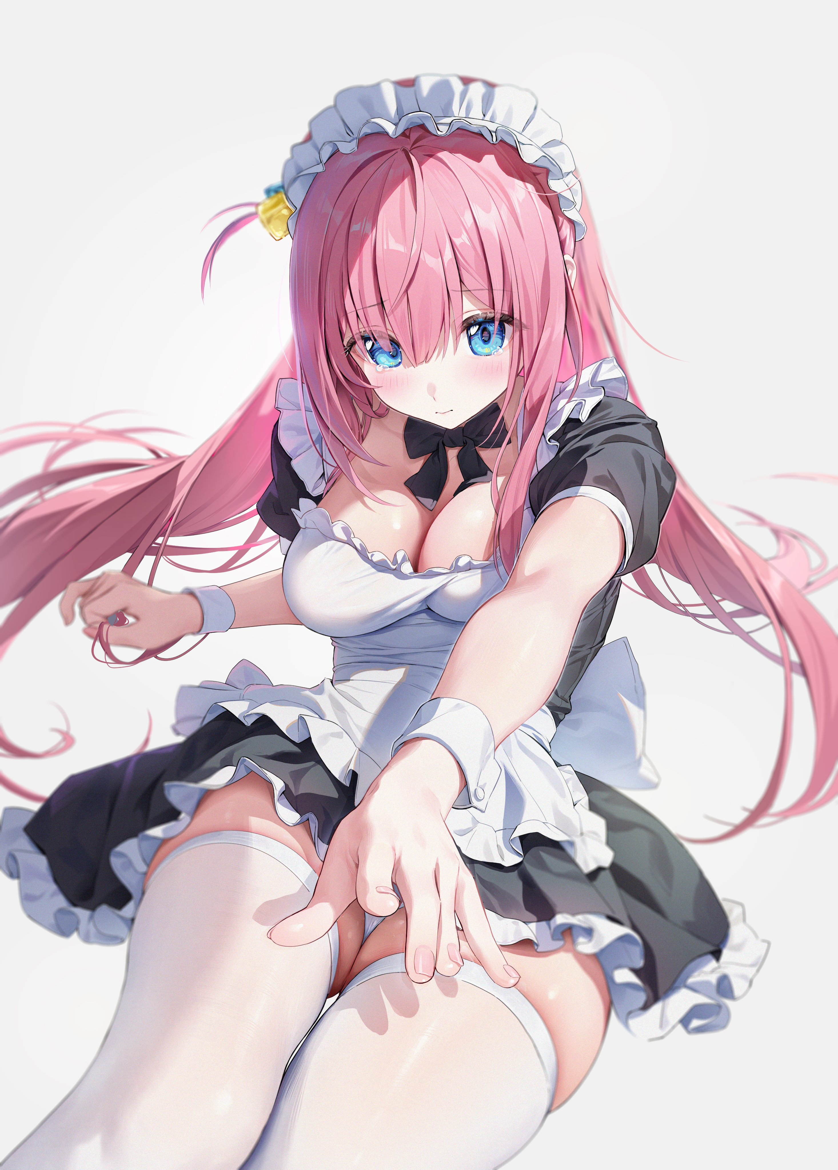 Anime 2932x4096 anime anime girls BOCCHI THE ROCK! Gotou Hitori stockings cleavage big boobs looking at viewer blushing pink hair blue eyes portrait display long hair arms reaching bow tie maid maid outfit simple background white background