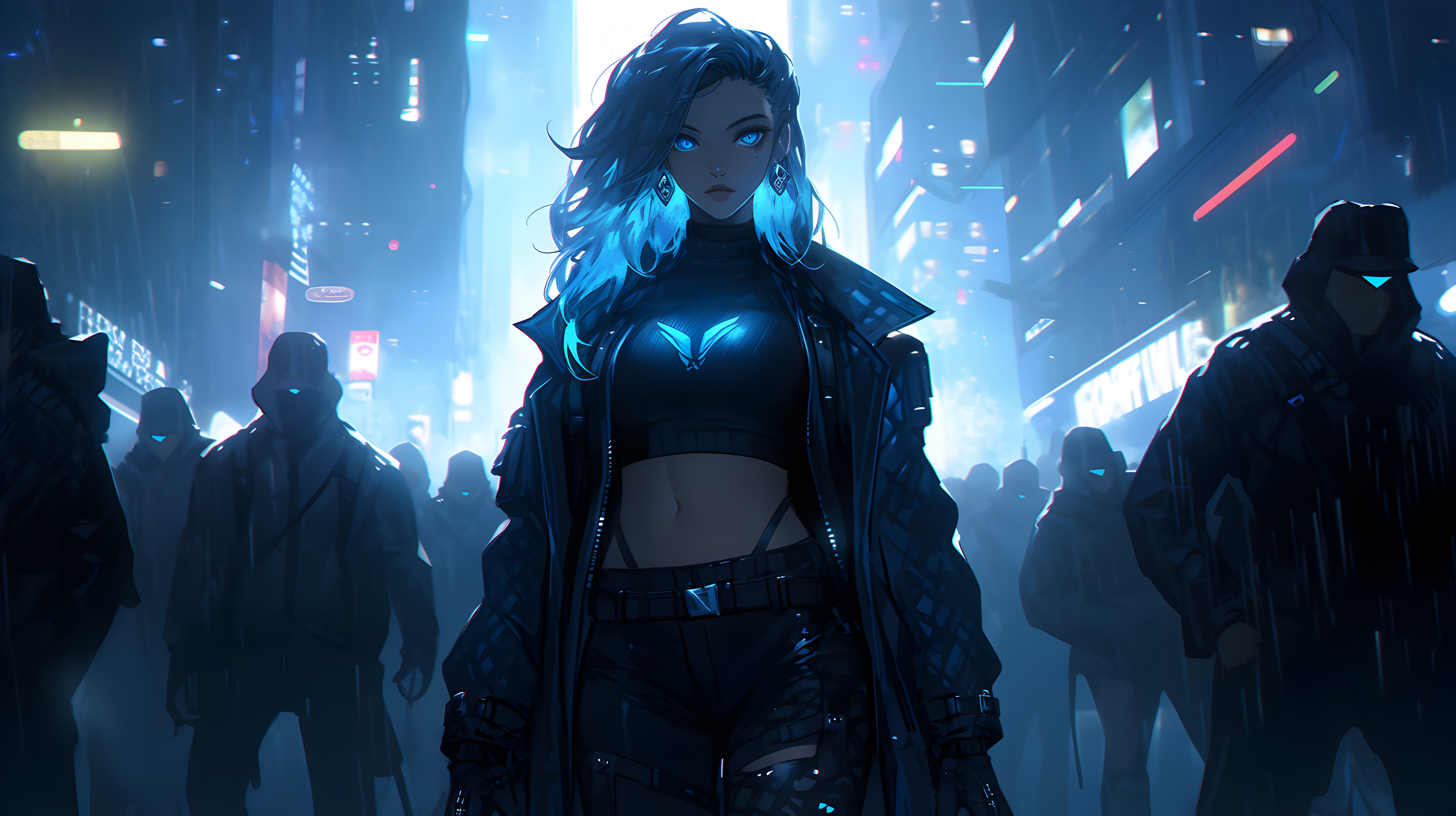 Anime 5824x3264 cyberpunk science fiction black clothing blue night AI art Midjourney anime anime girls belly belly button digital art looking at viewer long hair earring blue eyes blue hair