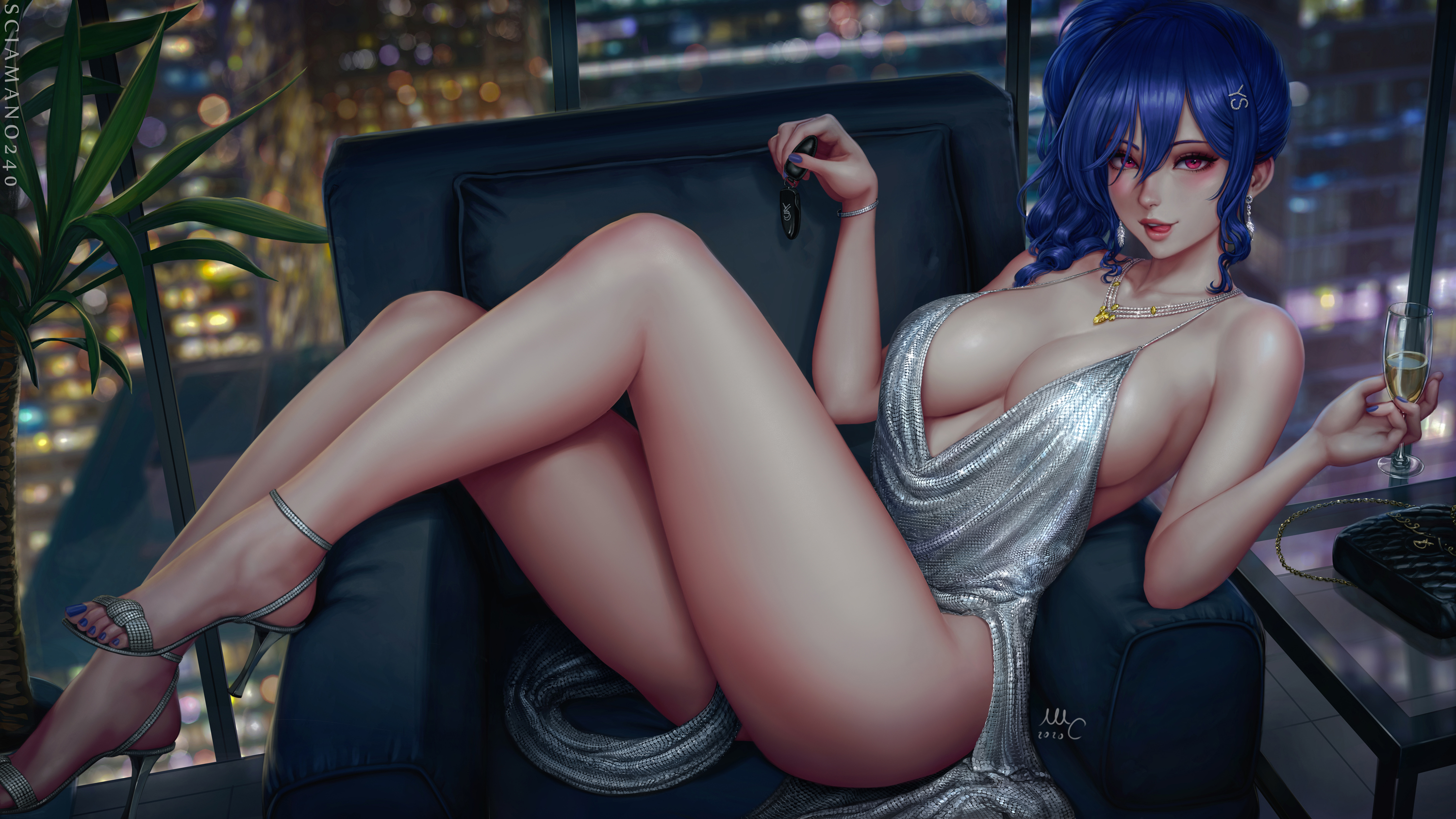 Anime 3000x1688 Mirco Cabbia Azur Lane anime girls cleavage big boobs heels looking at viewer city city lights blurred blurry background window dress champagne drink signature blue hair red eyes chair thighs leaves necklace purse night tongue out earring bling Saint Louis (Azur Lane)