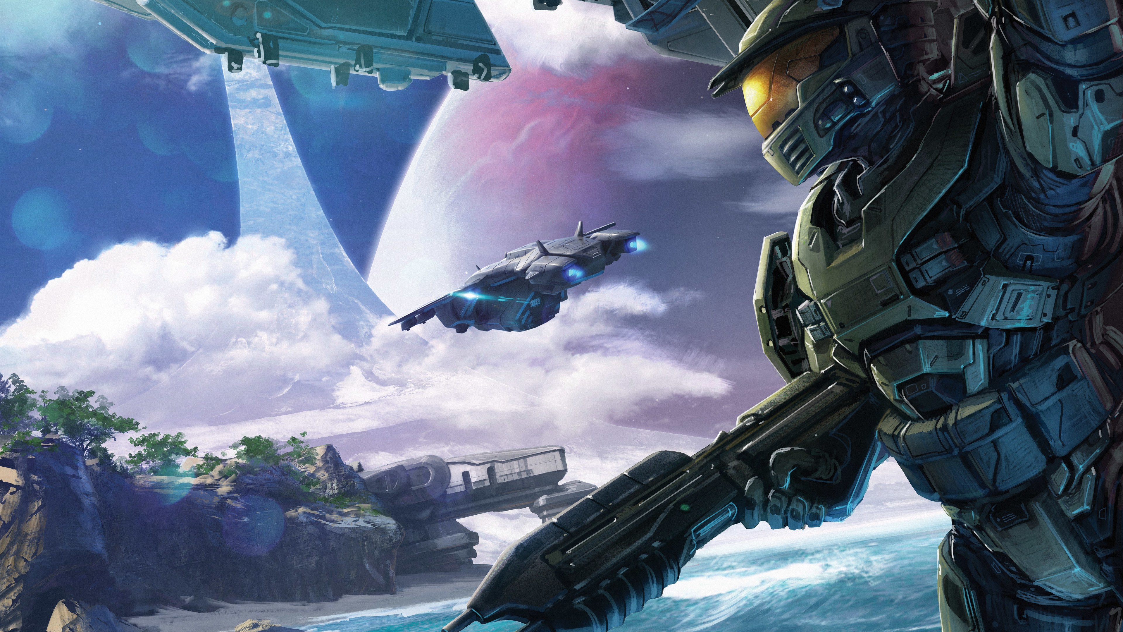 General 3840x2160 Master Chief (Halo) Halo CE spaceship futuristic armor futuristic digital art video games clouds armor Halo (game) gun water sky