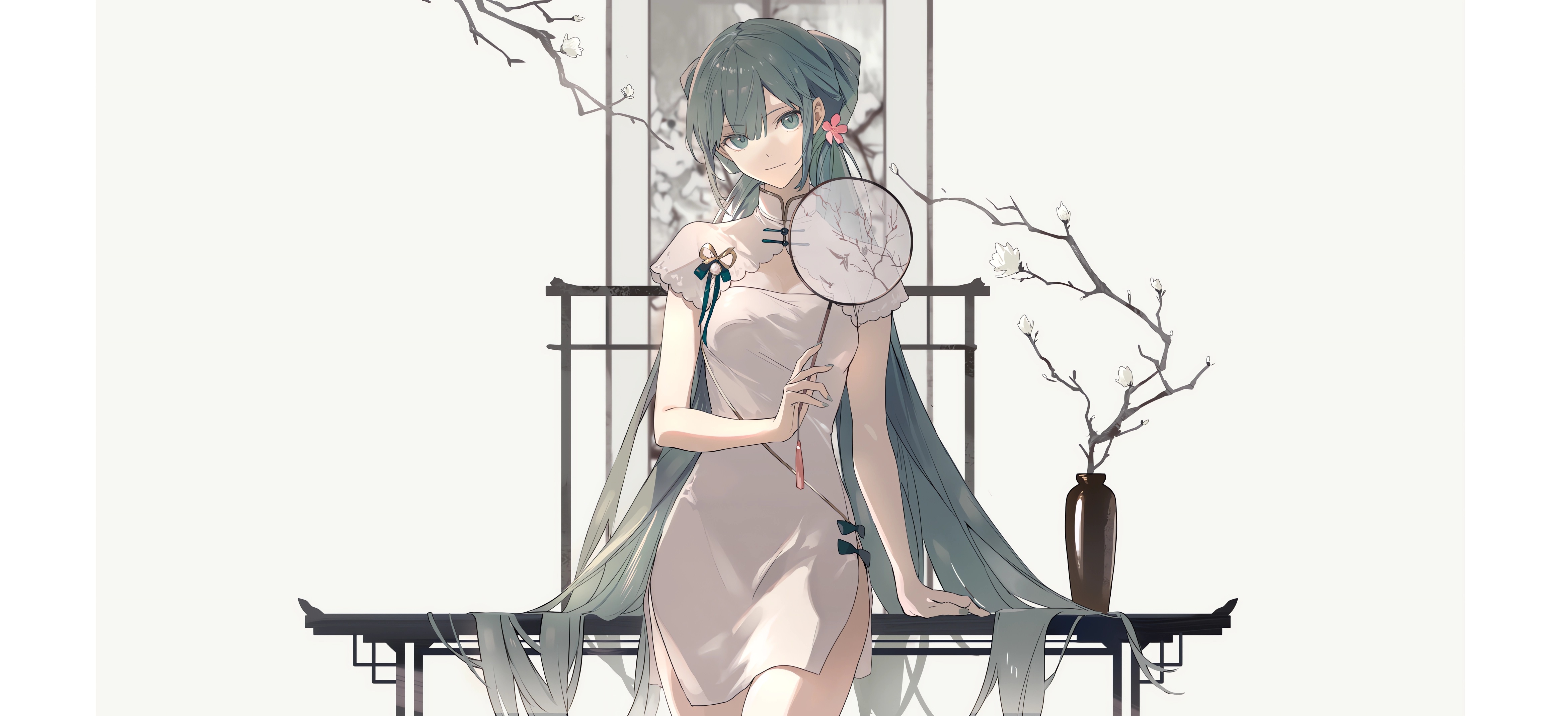 Anime 4684x2140 anime girls Vocaloid Chinese dress long hair fans looking at viewer simple background smiling white background vases minimalism flower in hair blue hair blue eyes Hatsune Miku