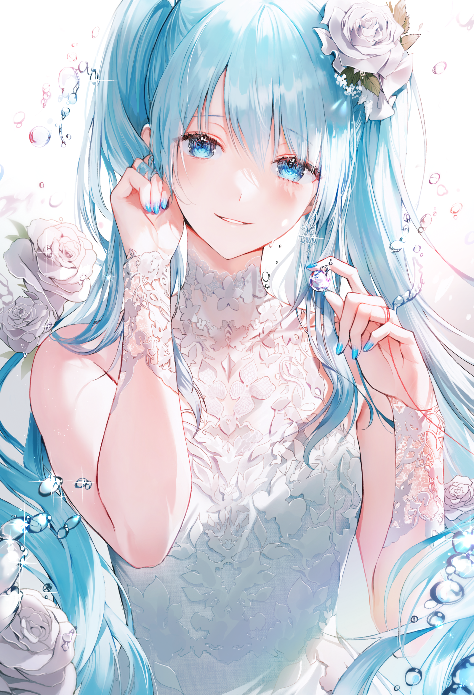Anime 1600x2343 anime anime girls Hatsune Miku Vocaloid blue hair blue eyes twintails long hair looking at viewer dress water drops water flower in hair blushing portrait display smiling