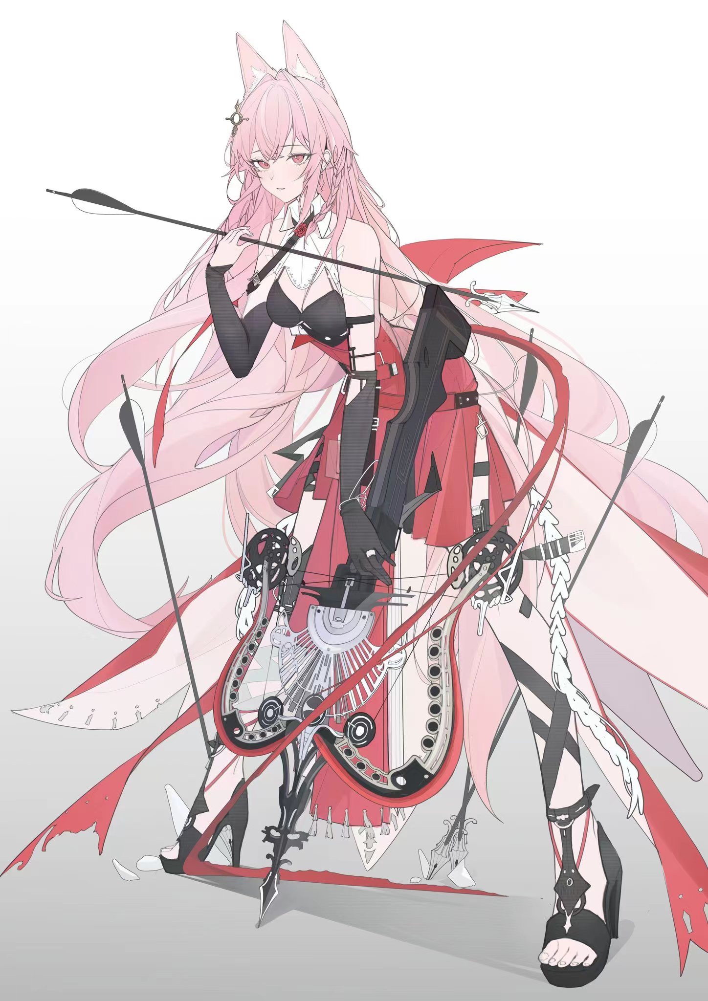 Anime 1448x2048 anime anime girls Arknights portrait display Pozёmka (Arknights) looking at viewer pink hair braids pink eyes heels standing elbow gloves simple background white background minimalism weapon wolf girls wolf ears