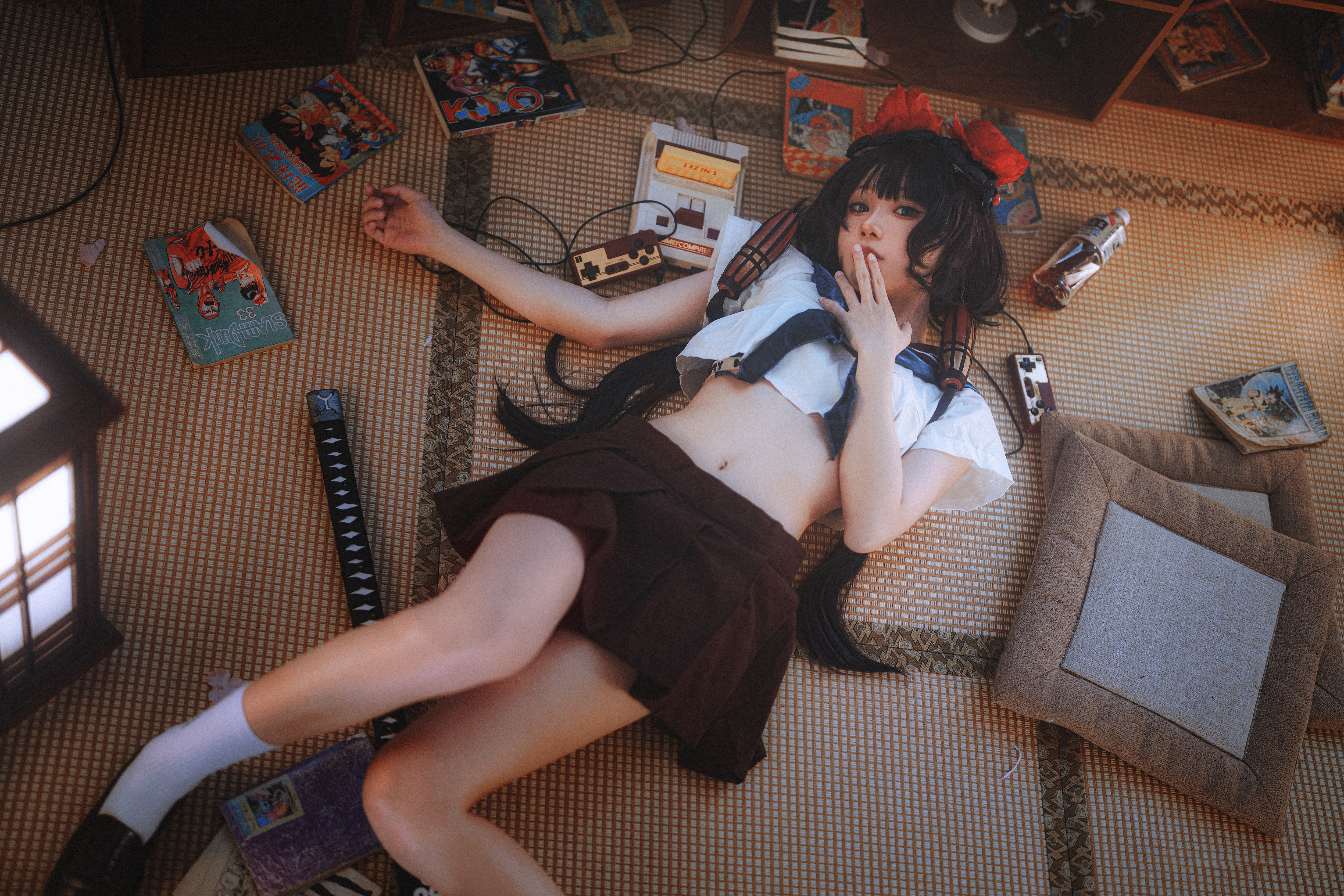People 5000x3335 cosplay women Asian Hello Delusions belly button socks white socks crew socks shoes pleated skirt short sleeves on the floor lying on back high angle bare midriff finger on lips