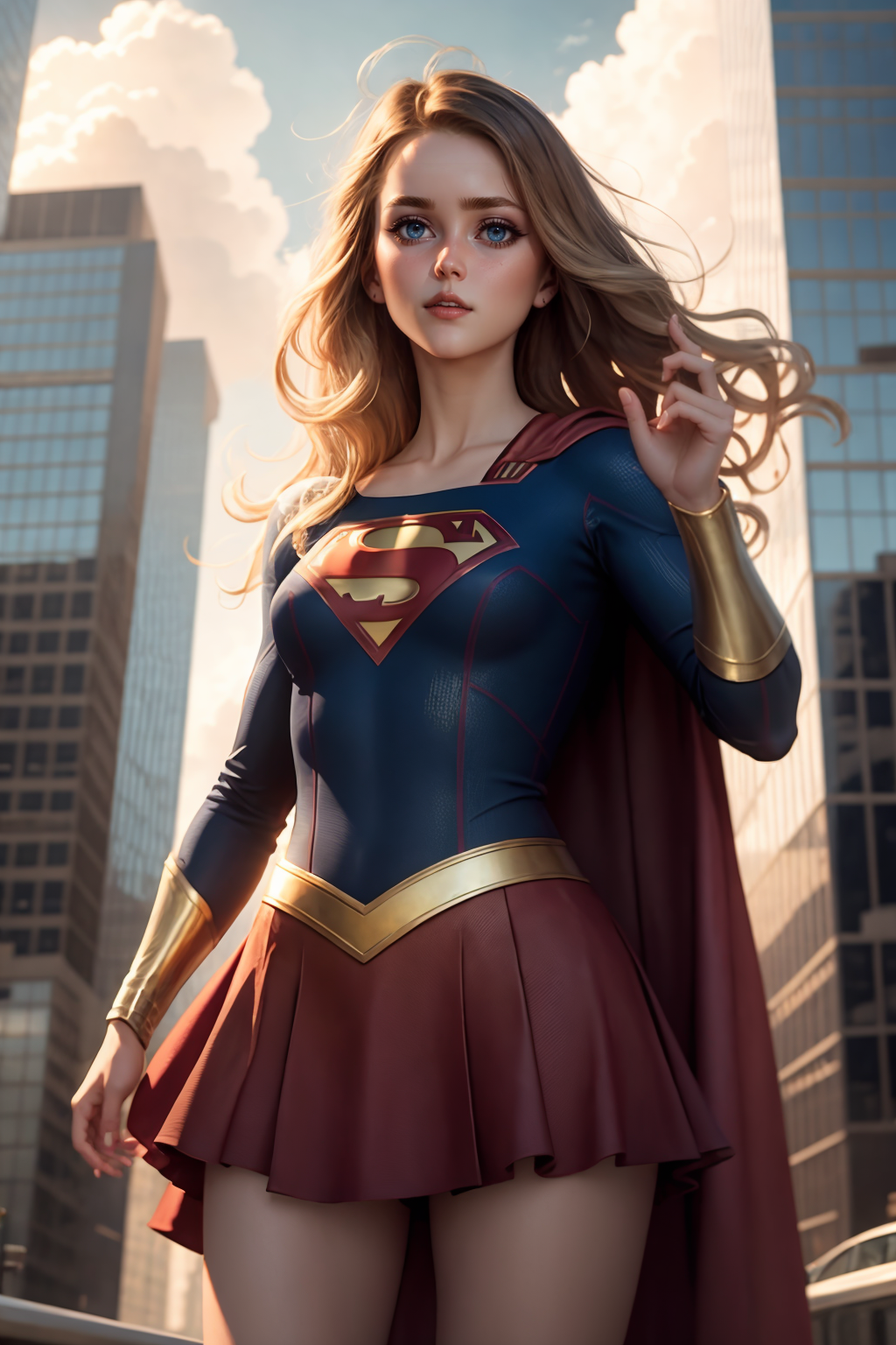 General 1024x1536 AI art DarkMaster13 women long hair outdoors daylight looking at viewer Supergirl DC Comics blonde cape skirt vambraces small boobs blue eyes city sky clouds building