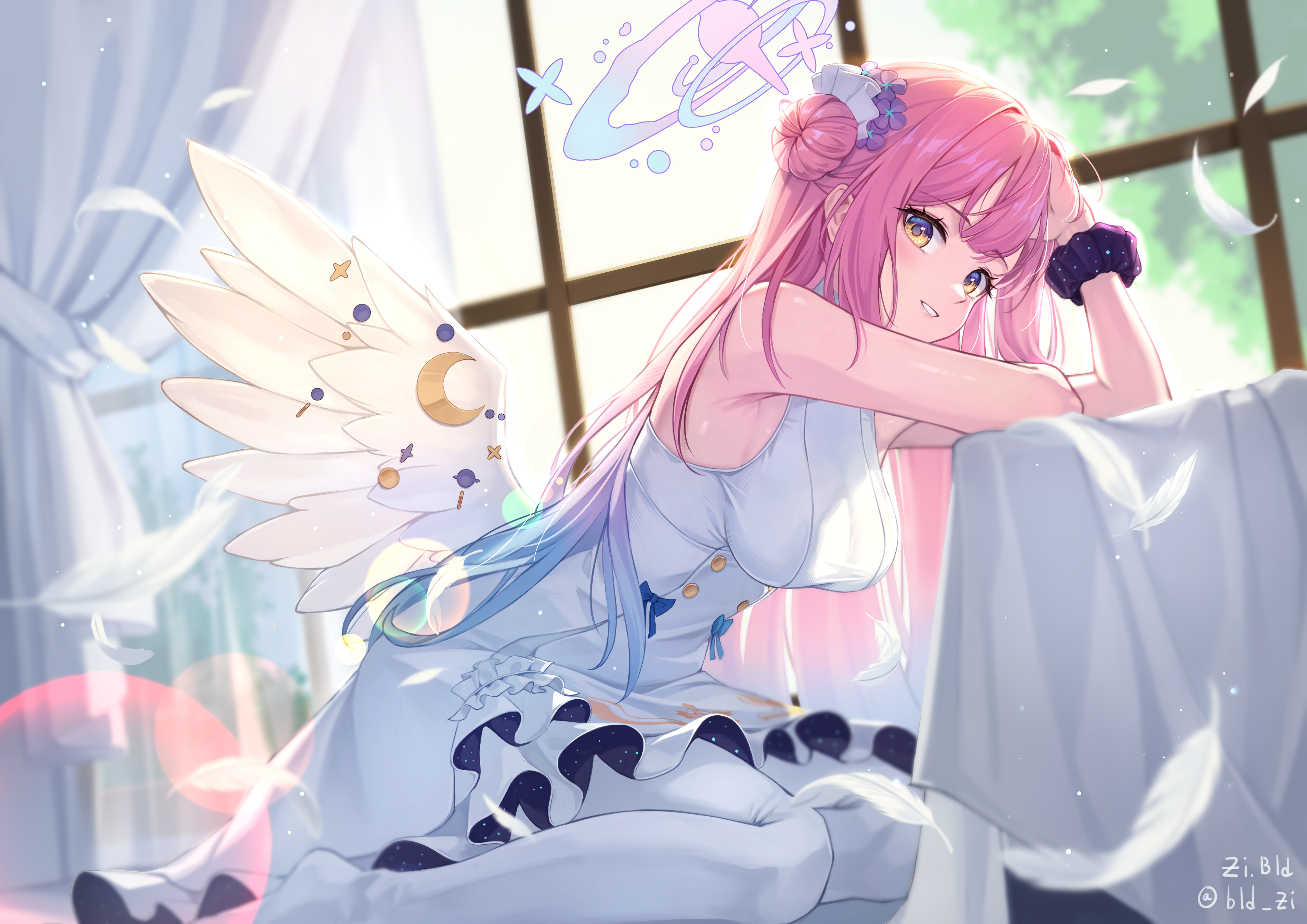 Anime 3508x2480 anime Pixiv Misono Mika Blue Archive white dress pink hair window looking at viewer yellow eyes wings dress feathers hairbun curtains long hair anime girls