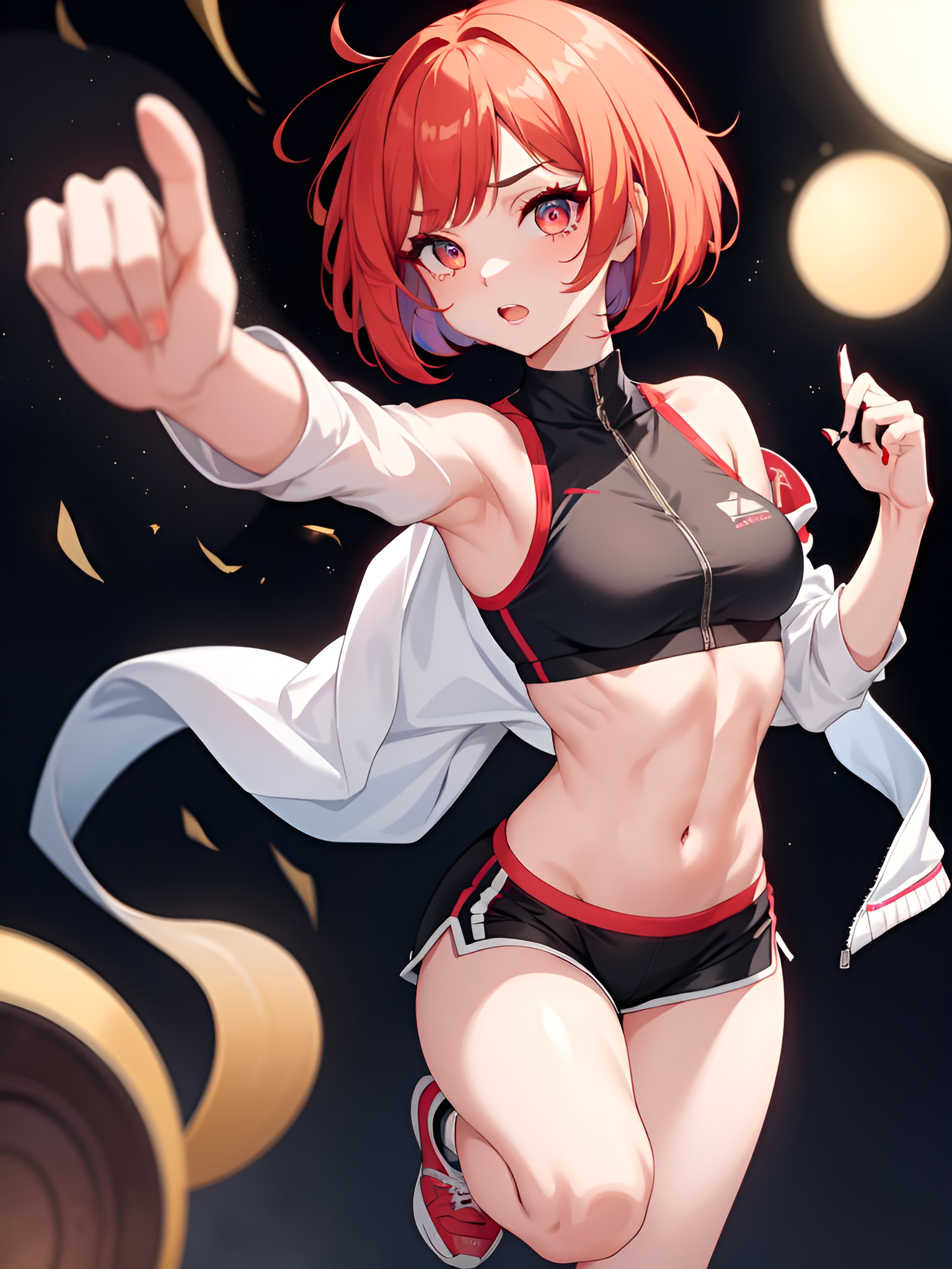 Anime 1536x2048 AI art anime girls sporty portrait display belly belly button sports bra short shorts looking at viewer short hair armpits finger pointing sportswear simple background